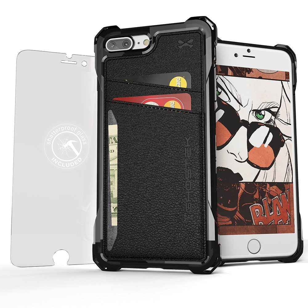 iPhone 7 Plus Wallet Case, Ghostek Exec Black Series | Slim Armor Hybrid Impact Bumper | TPU PU Leather Credit Card Slot Holder Sleeve Cover
