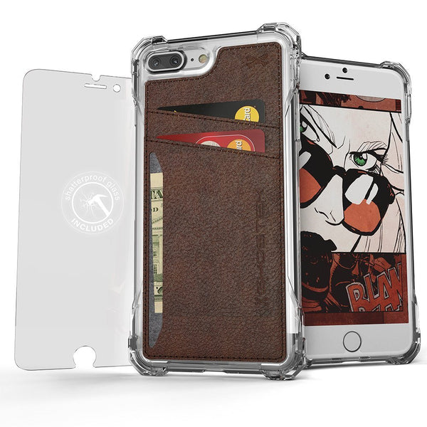 iPhone 7 Plus Wallet Case, Ghostek Exec Brown Series | Slim Armor Hybrid Impact Bumper | TPU PU Leather Credit Card Slot Holder Sleeve Cover
