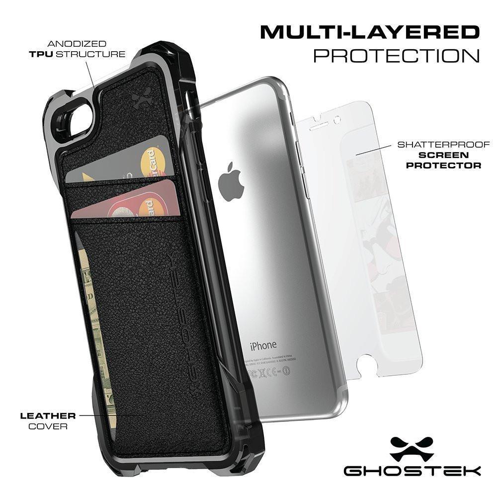 iPhone 8 Wallet Case, Ghostek Exec Brown Series | Slim Armor Hybrid Impact Bumper | TPU PU Leather Credit Card Slot Holder Sleeve Cover