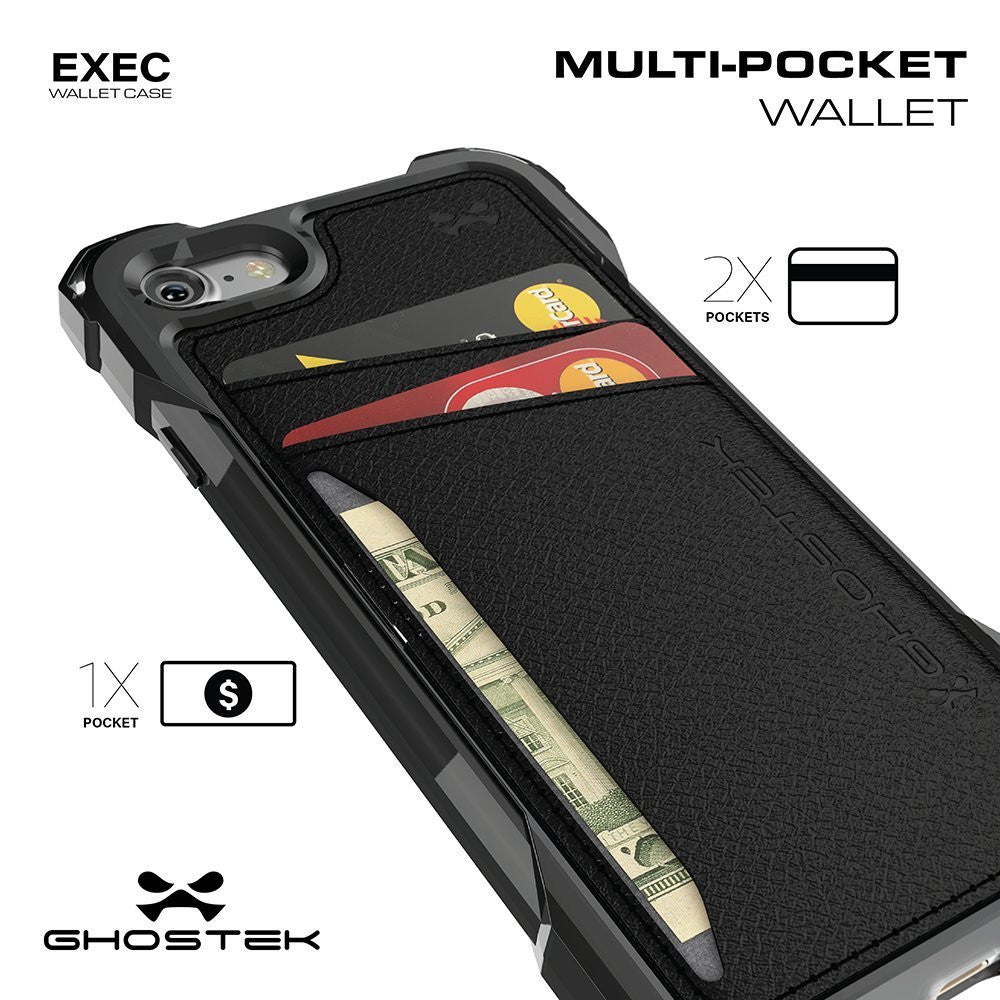 iPhone 7 Wallet Case, Ghostek Exec Brown Series | Slim Armor Hybrid Impact Bumper | TPU PU Leather Credit Card Slot Holder Sleeve Cover