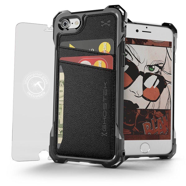 iPhone 8 Wallet Case, Ghostek Exec Black Series | Slim Armor Hybrid Impact Bumper | TPU PU Leather Credit Card Slot Holder Sleeve Cover