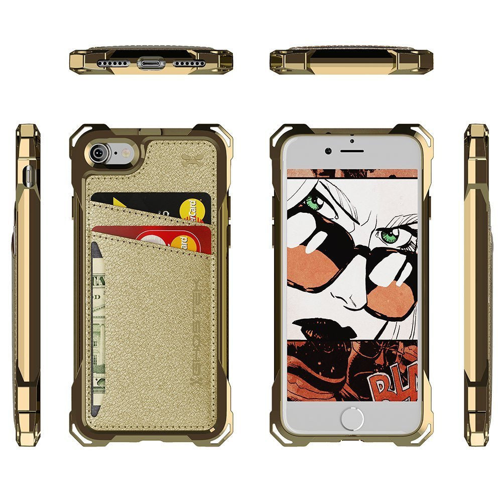 iPhone 7 Wallet Case, Ghostek Exec Gold Series | Slim Armor Hybrid Impact Bumper | TPU PU Leather Credit Card Slot Holder Sleeve Cover