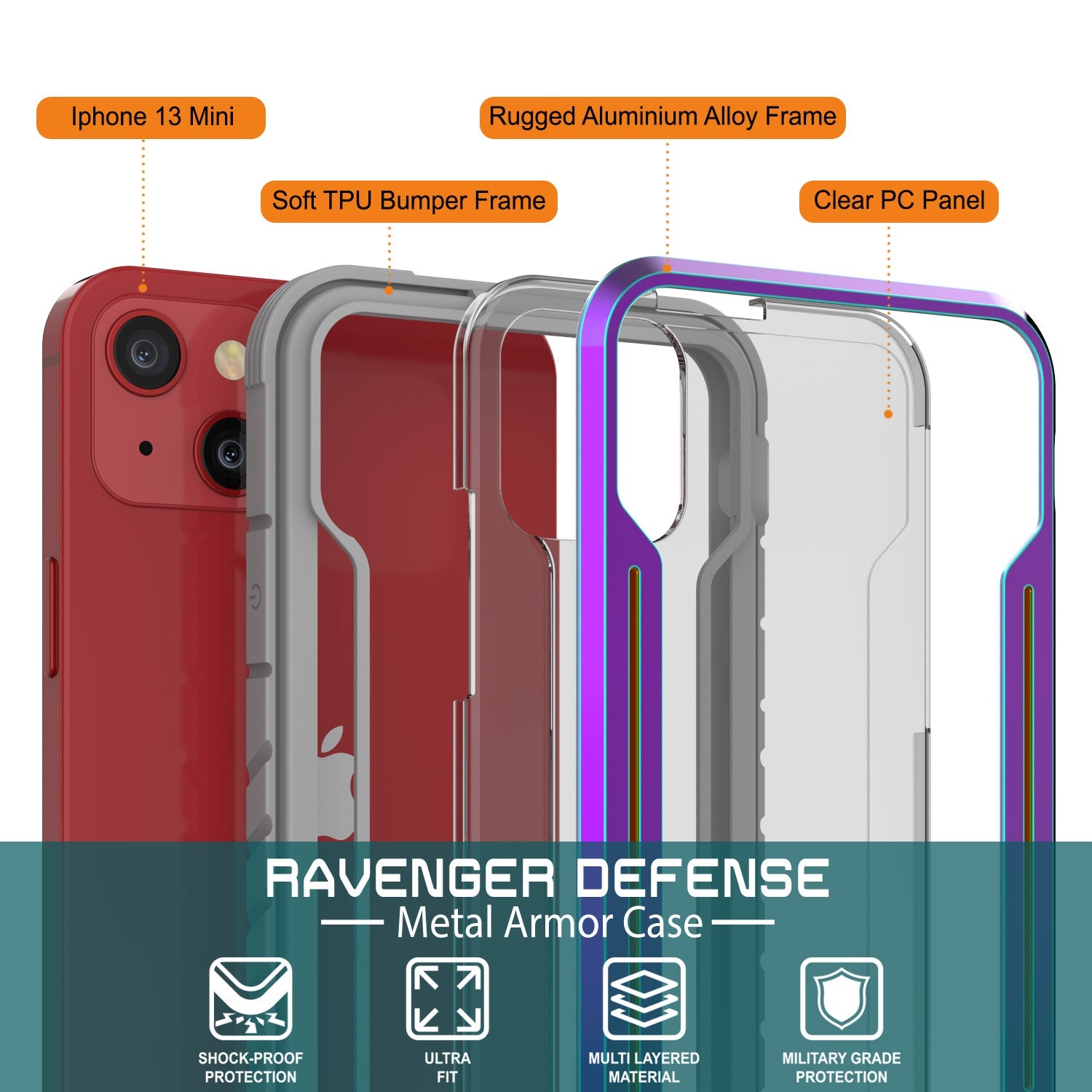 Punkcase iPhone 13 Mini ravenger Case Protective Military Grade Multilayer Cover [Rainbow]