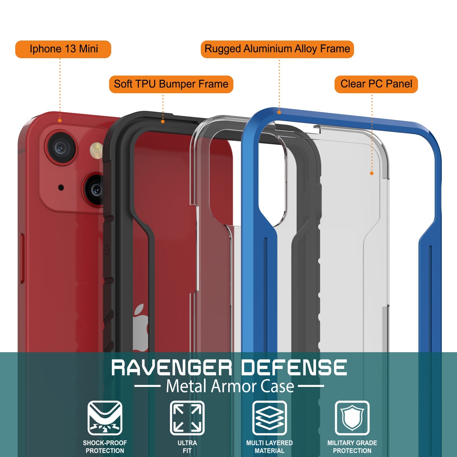 Punkcase iPhone 13 Mini ravenger Case Protective Military Grade Multilayer Cover [Navy Blue]