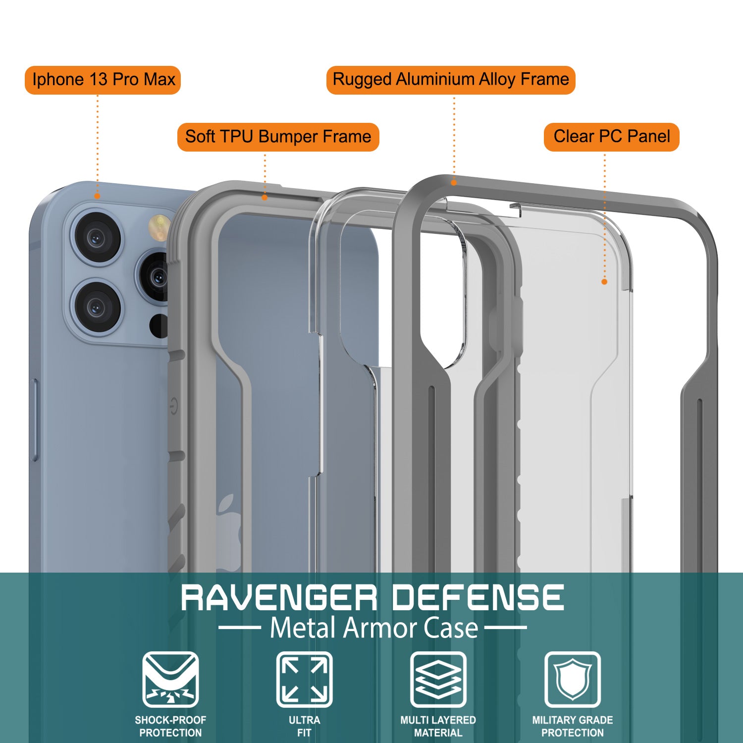 Punkcase iPhone 13 Pro Max ravenger Case Protective Military Grade Multilayer Cover [Grey]