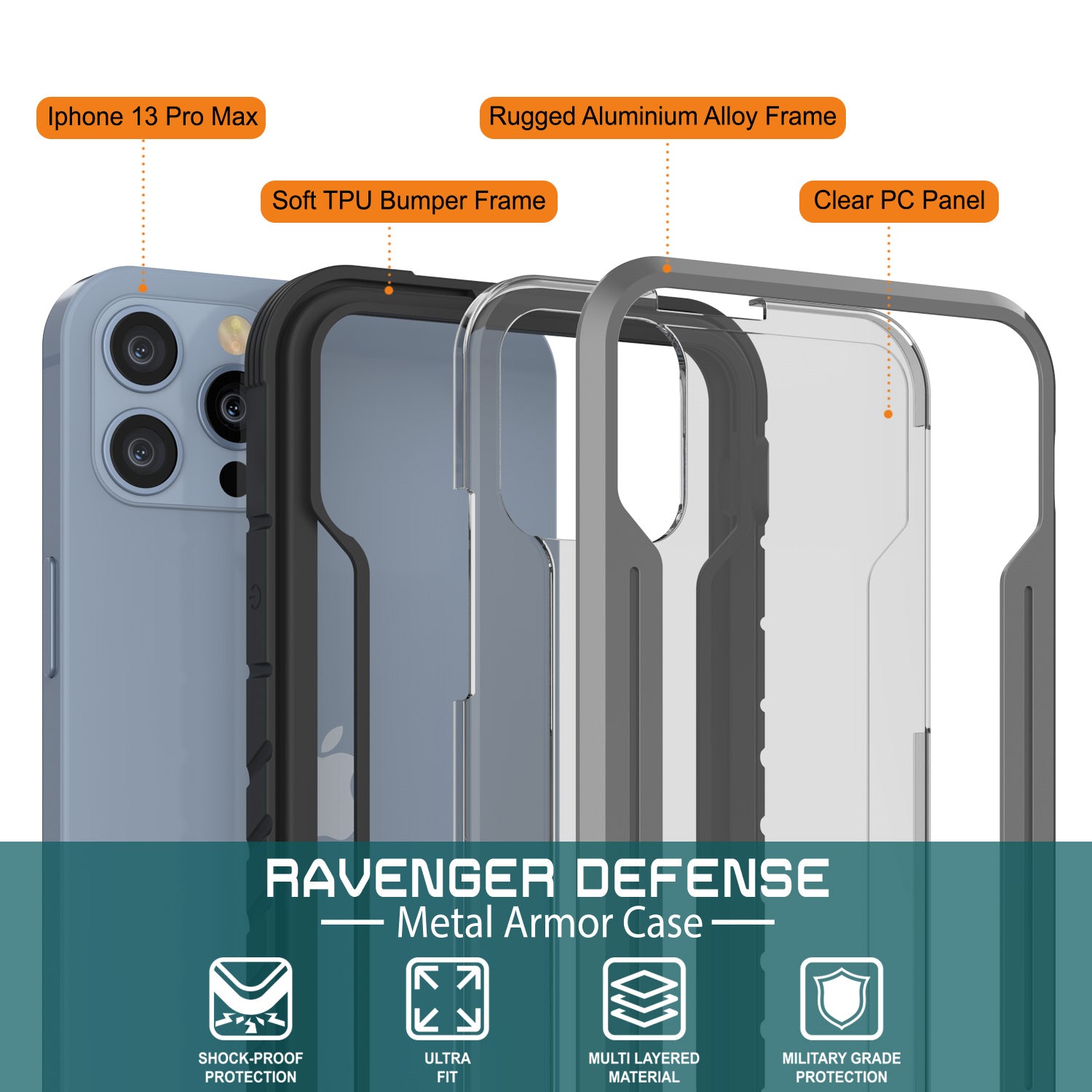 Punkcase iPhone 14 Pro Max Ravenger MAG Defense Case Protective Military Grade Multilayer Cover [Grey-Black]