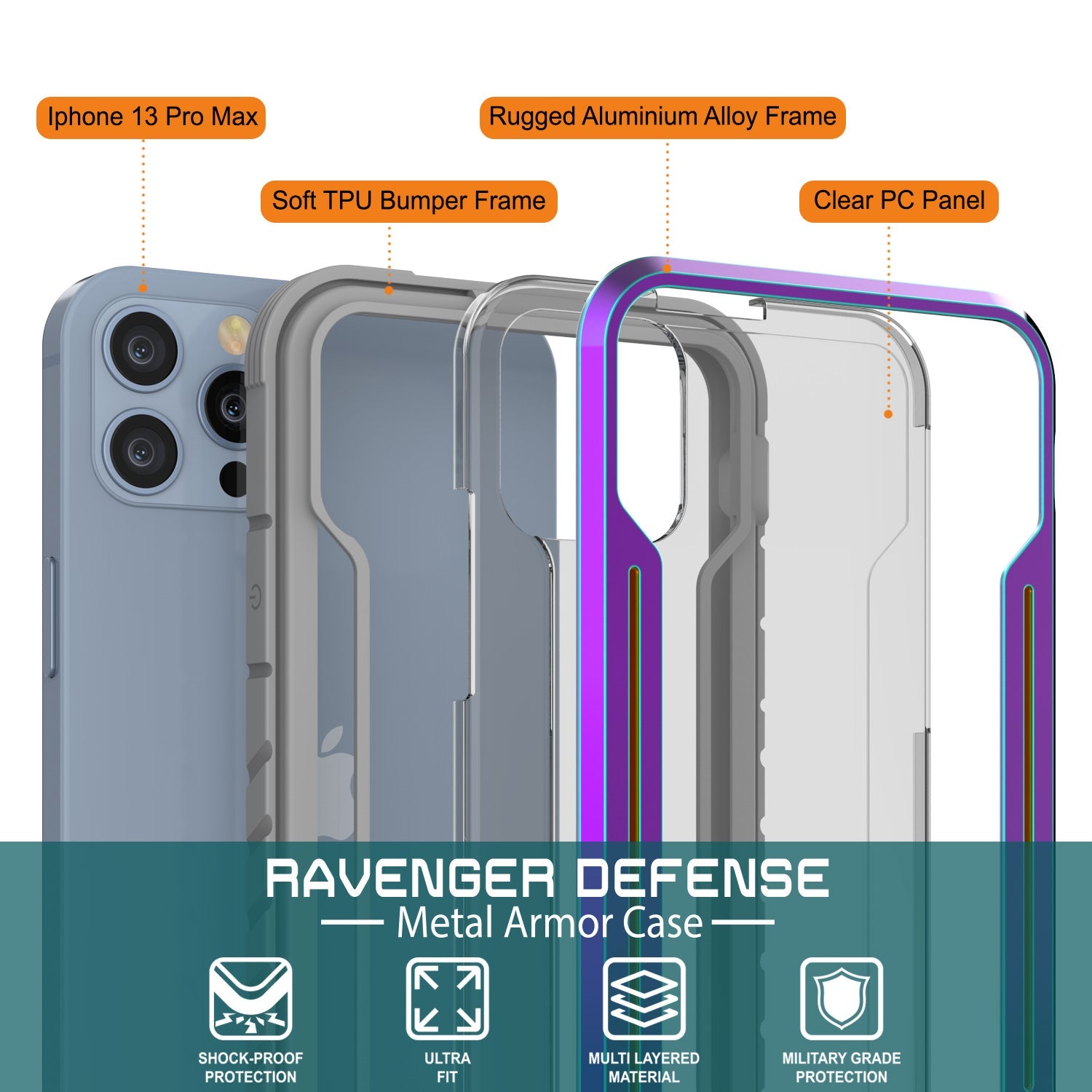 Punkcase iPhone 13 Pro Max ravenger Case Protective Military Grade Multilayer Cover [Rainbow]
