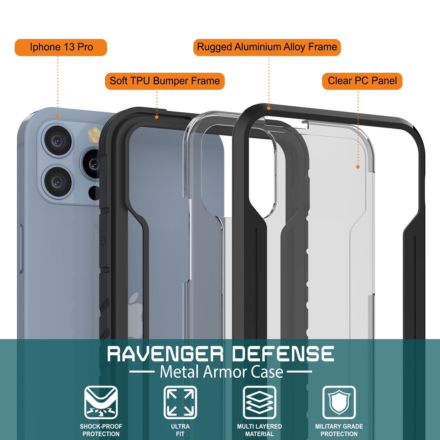 Punkcase iPhone 13 Pro ravenger Case Protective Military Grade Multilayer Cover [Black]