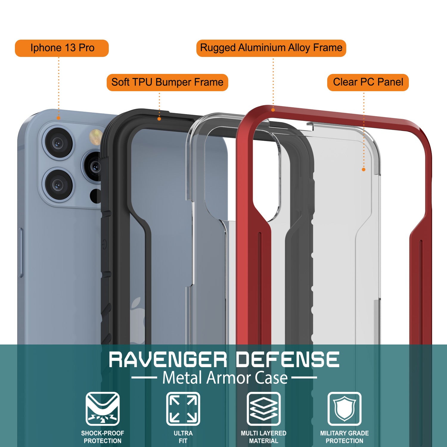 Punkcase iPhone 14 Pro Ravenger MAG Defense Case Protective Military Grade Multilayer Cover [Red]