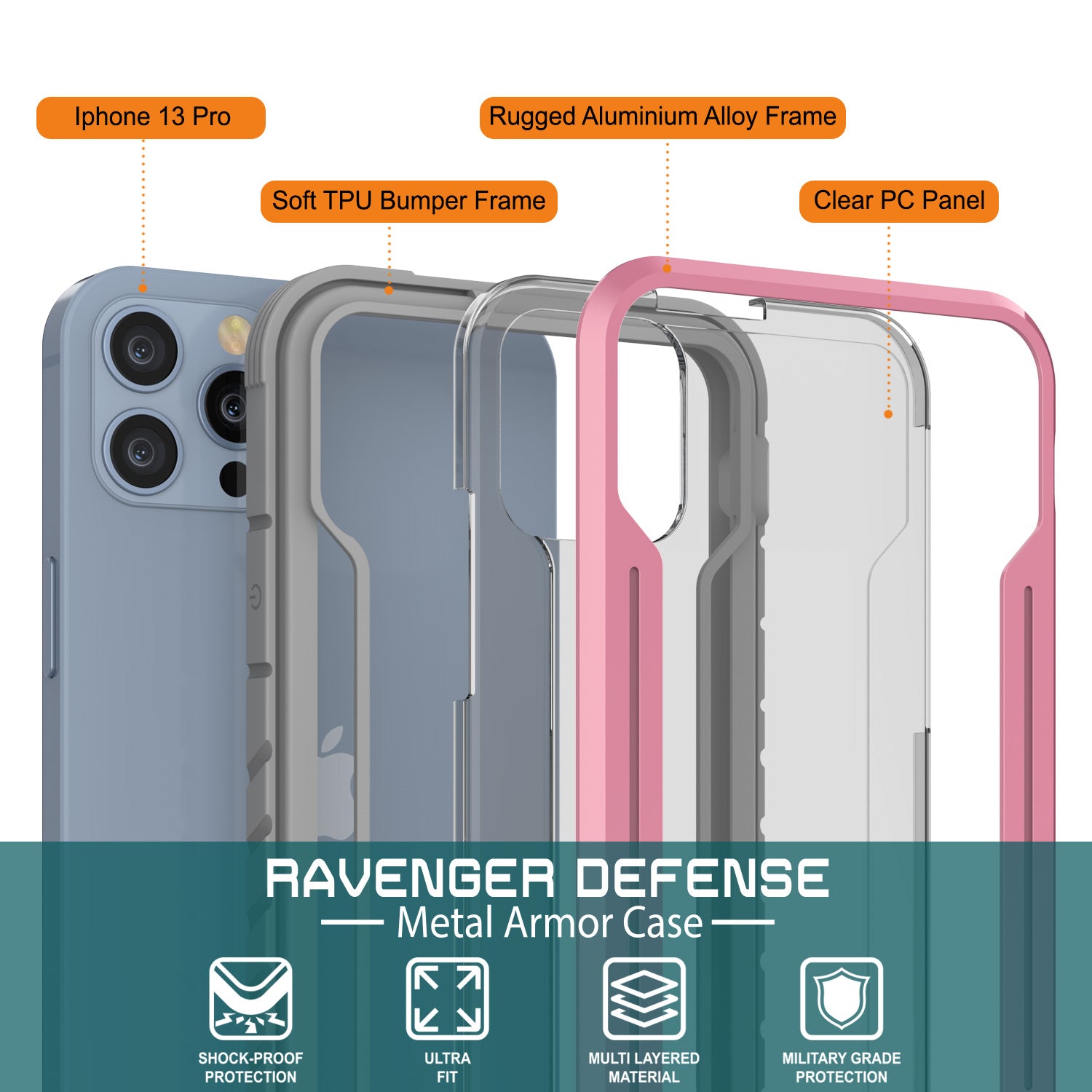 Punkcase iPhone 13 Pro ravenger Case Protective Military Grade Multilayer Cover [Rose-Gold]