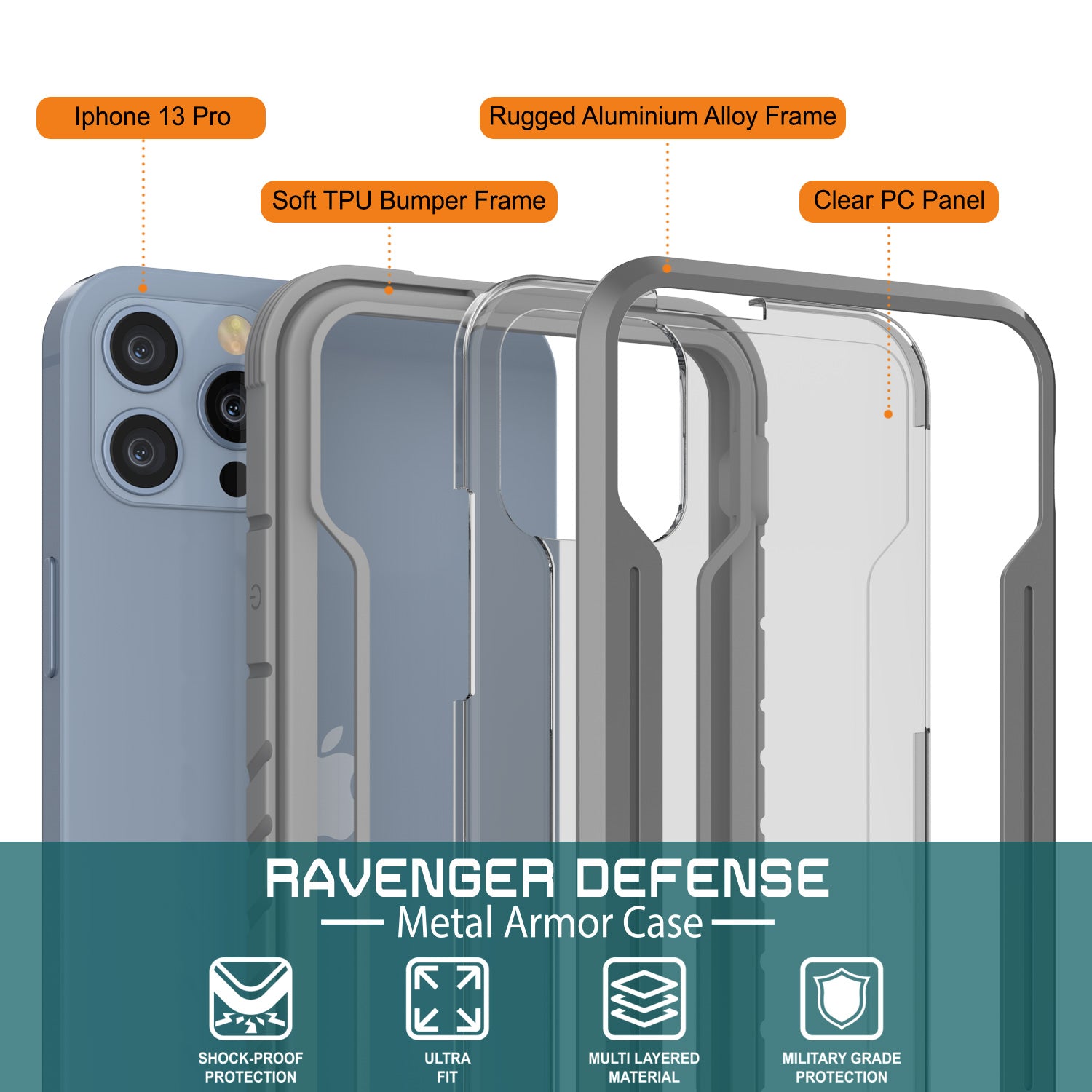 Punkcase iPhone 13 Pro ravenger Case Protective Military Grade Multilayer Cover [Grey]