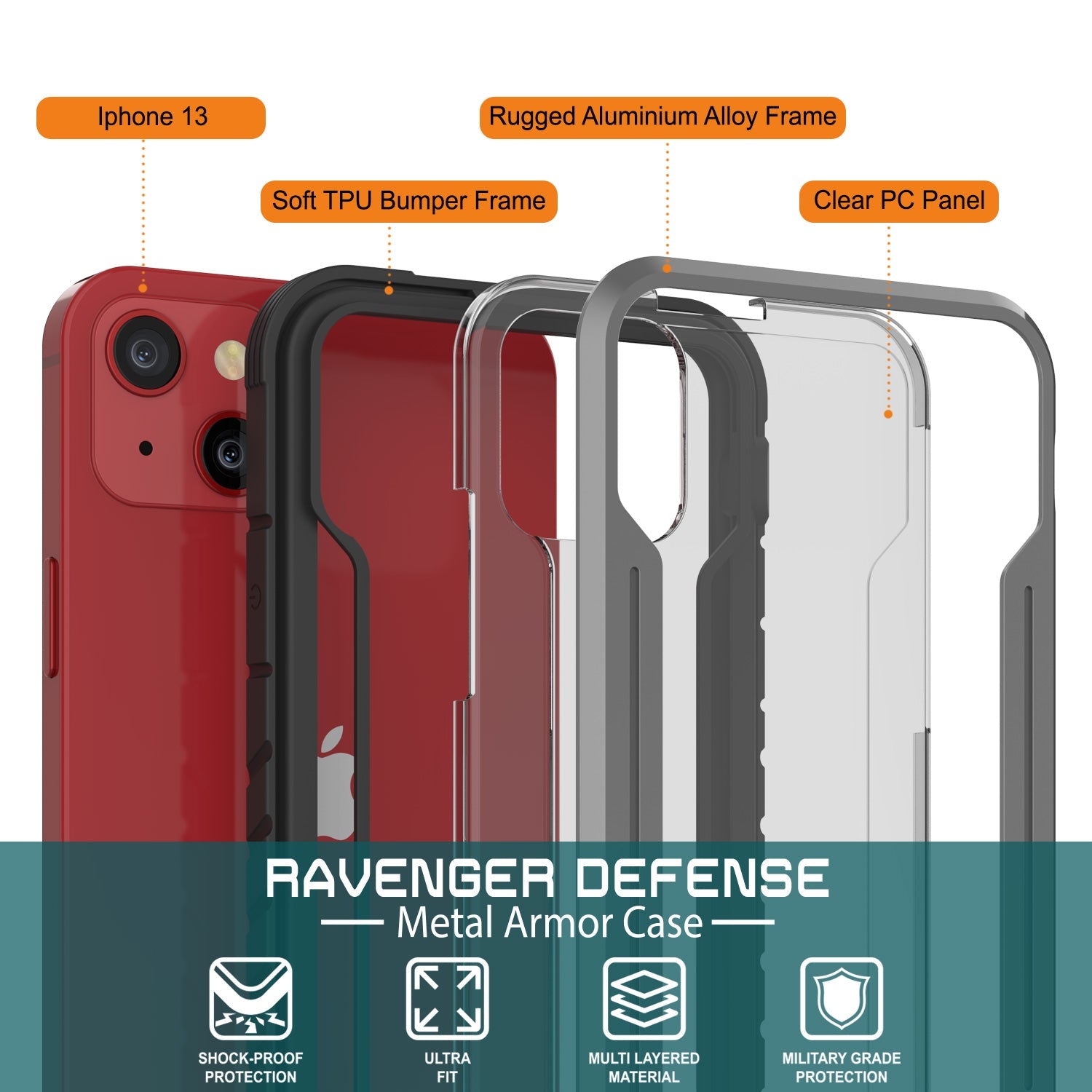 Punkcase iPhone 13 ravenger Case Protective Military Grade Multilayer Cover [Grey-Black]