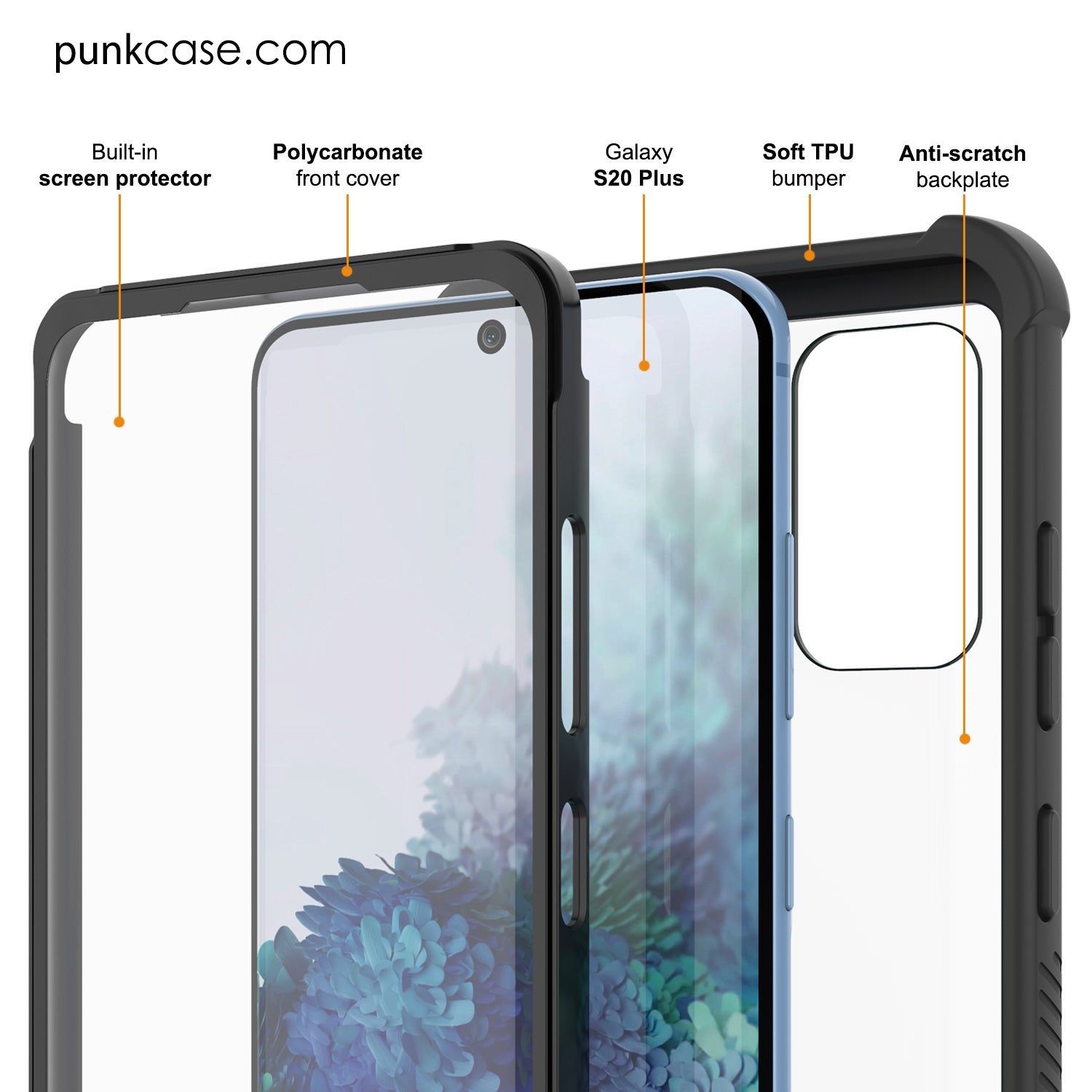 PunkCase Galaxy S20+ Plus Case, [Spartan Series] Clear Rugged Heavy Duty Cover W/Built in Screen Protector [Black]