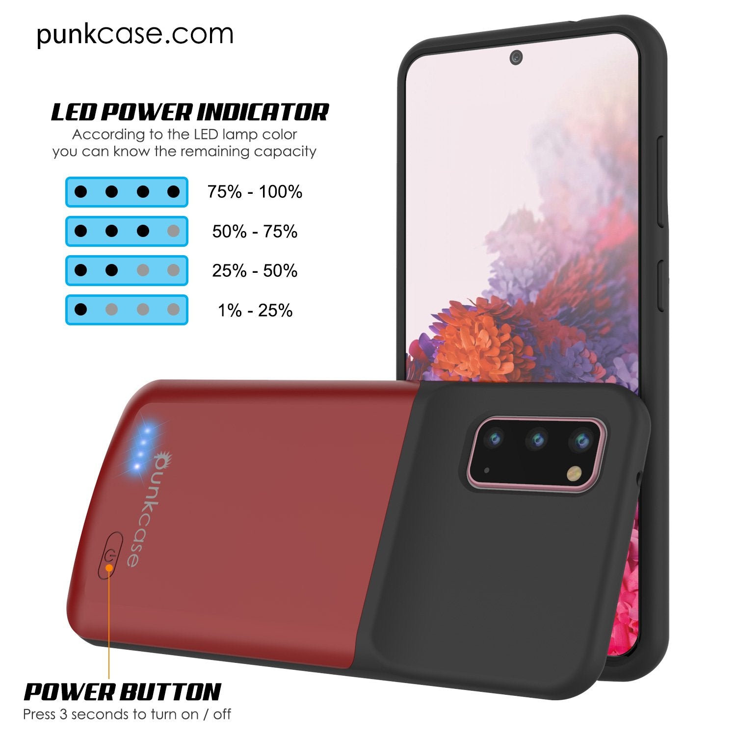PunkJuice S20 Battery Case Red - Fast Charging Power Juice Bank with 4800mAh