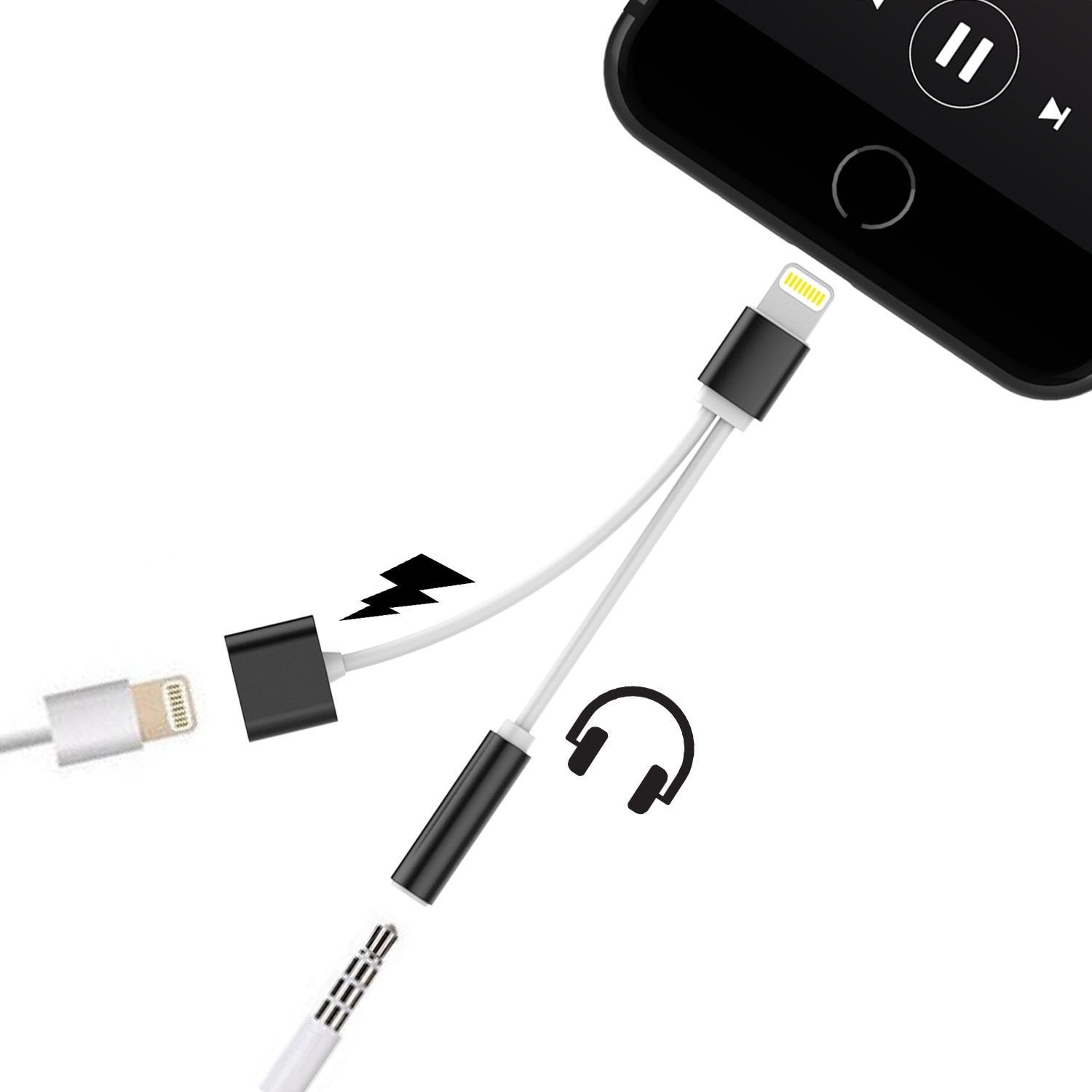 PUNKZAP Lightning Adapter Cable 2 in 1 Splitter Charger with 3.5mm Earphone AUX Jack|Charge & Listen to your Apple iPhone X/8/7/6s/6/5s/5 8+/7+/6+/6S+ Plus [BLACK]
