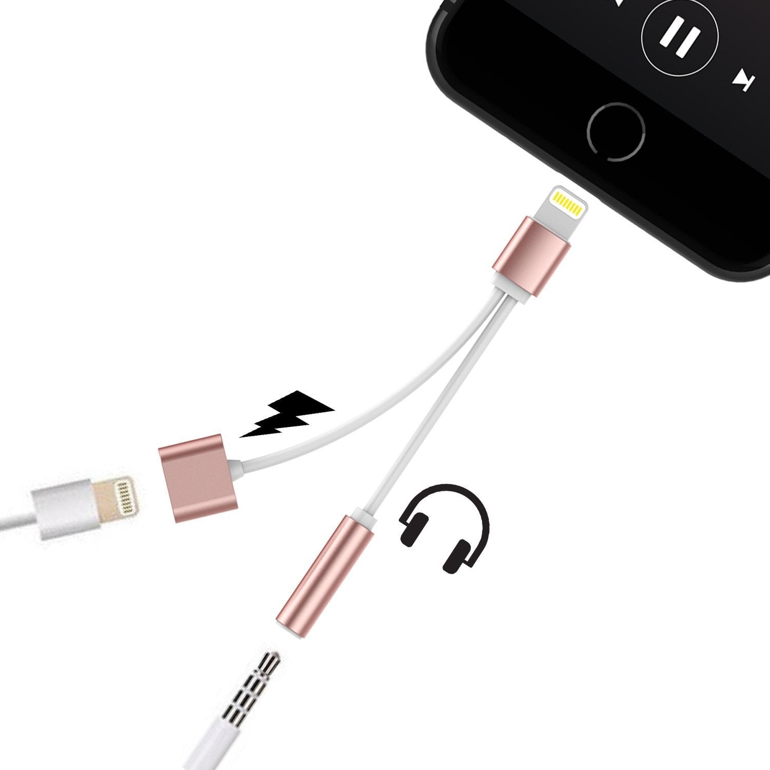 PUNKZAP Lightning Adapter Cable 2 in 1 Splitter Charger with 3.5mm Earphone AUX Jack|Charge & Listen to your Apple iPhone X/8/7/6s/6/5s/5 8+/7+/6+/6S+ Plus [ROSE]