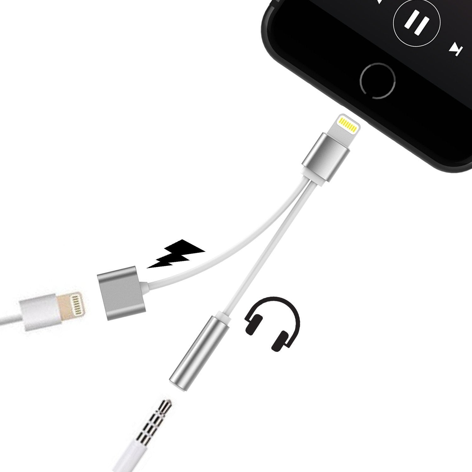 PUNKZAP Lightning Adapter Cable 2 in 1 Splitter Charger with 3.5mm Earphone AUX Jack|Charge & Listen to your Apple iPhone X/8/7/6s/6/5s/5 8+/7+/6+/6S+ Plus [SILVER]