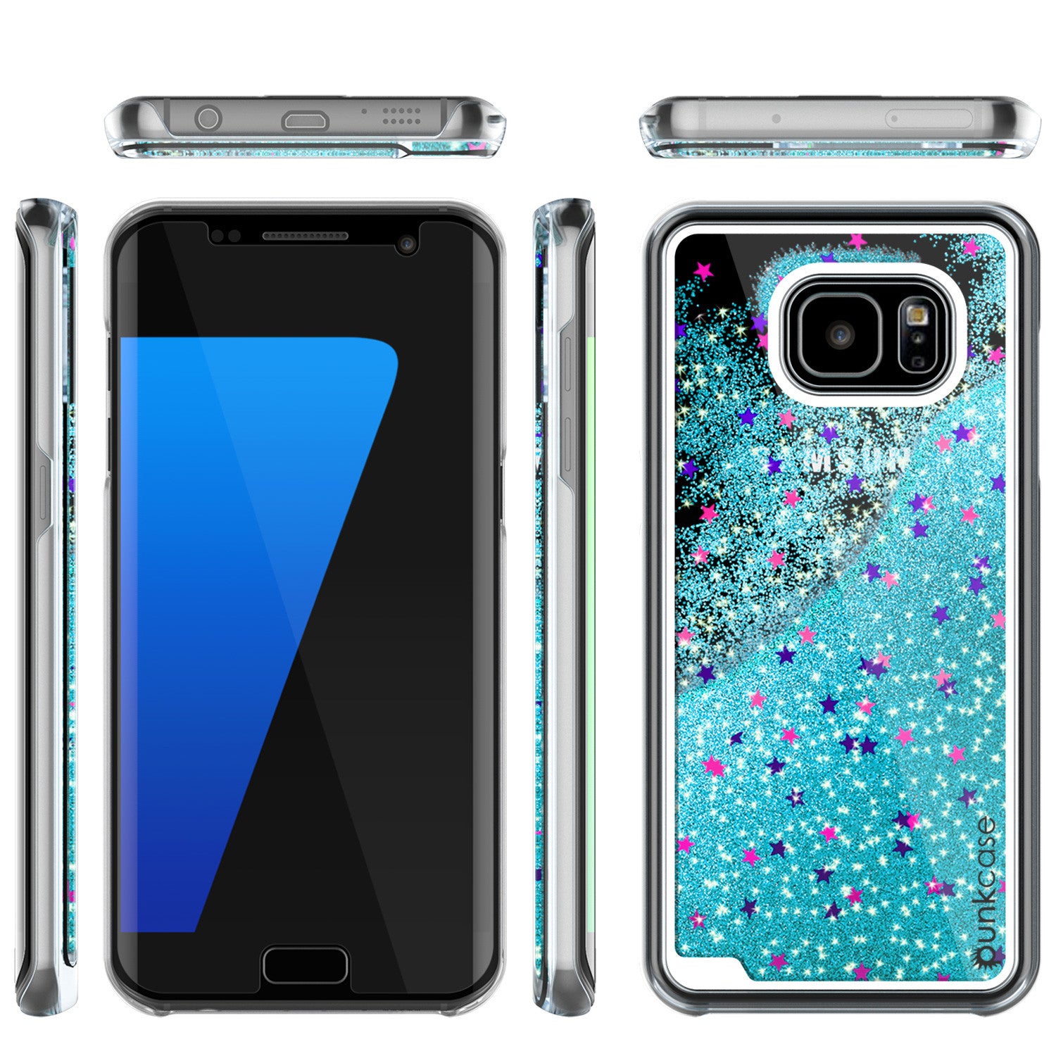 Samsung Galaxy S7 Edge Case, Punkcase [Liquid Teal Series] Protective Dual Layer Floating Glitter Cover + PunkShield Screen Protector