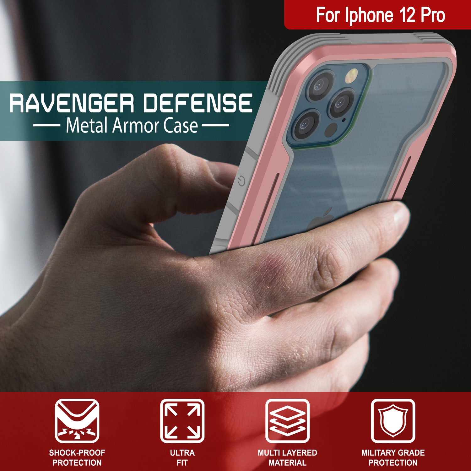 Punkcase iPhone 12 Pro ravenger Case Protective Military Grade Multilayer Cover [Rose-Gold]