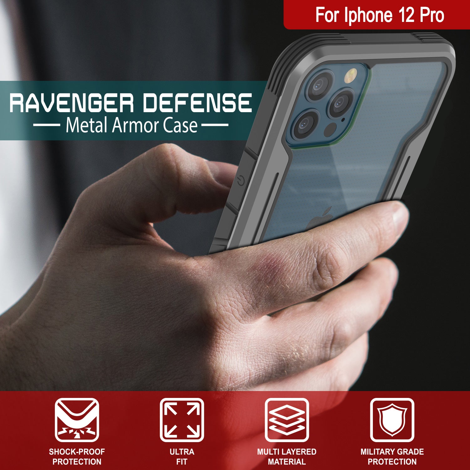 Punkcase iPhone 12 Pro ravenger Case Protective Military Grade Multilayer Cover [Grey-Black]