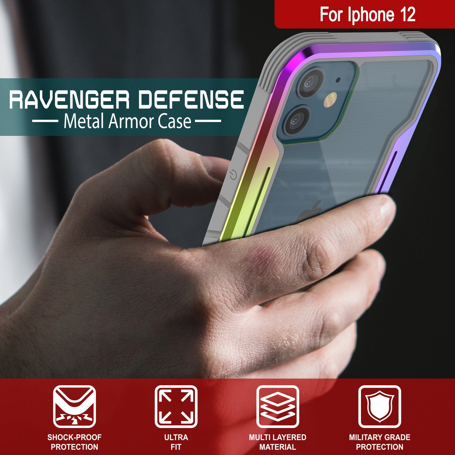 Punkcase iPhone 12 ravenger Case Protective Military Grade Multilayer Cover [Rainbow]