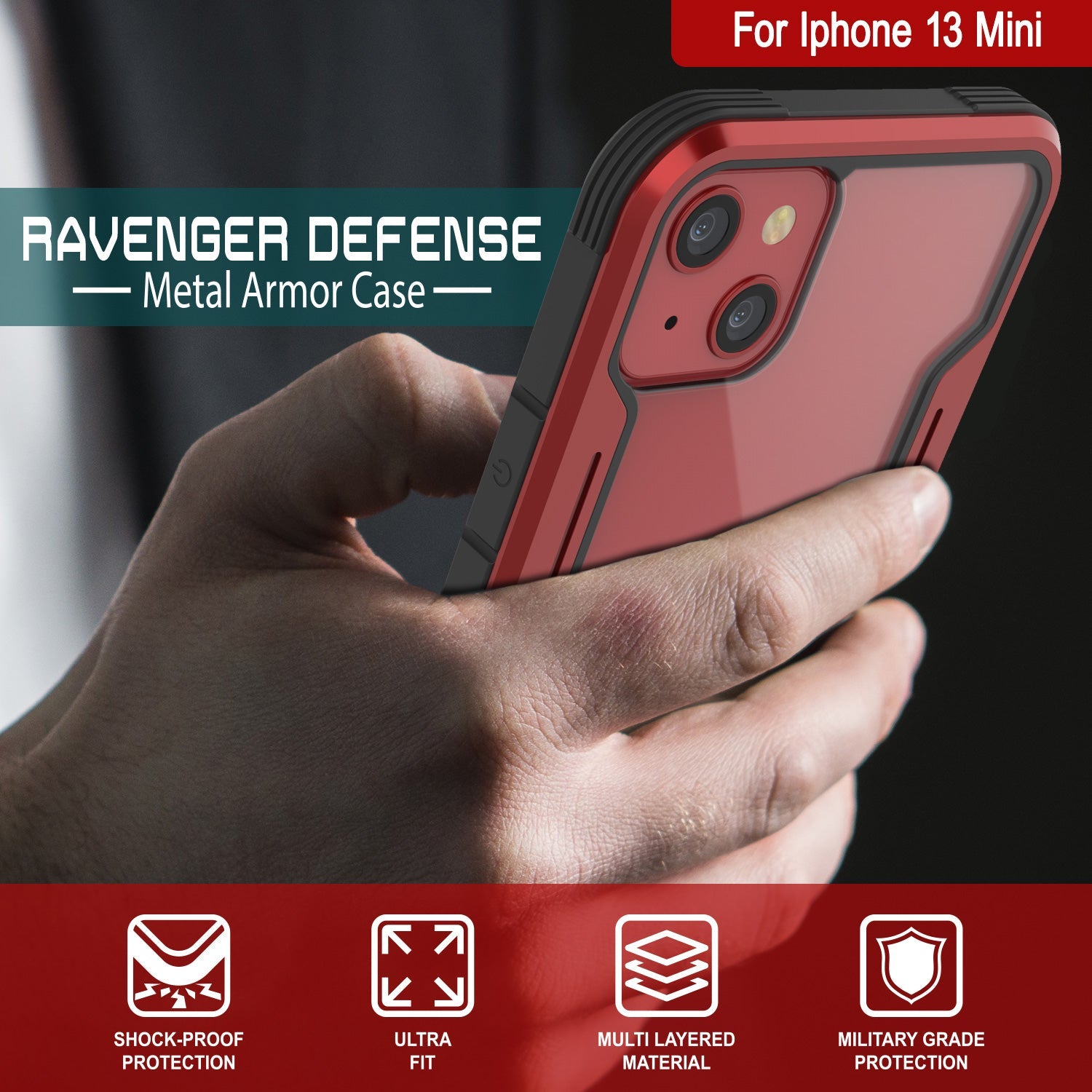 Punkcase iPhone 13 Mini ravenger Case Protective Military Grade Multilayer Cover [Red]