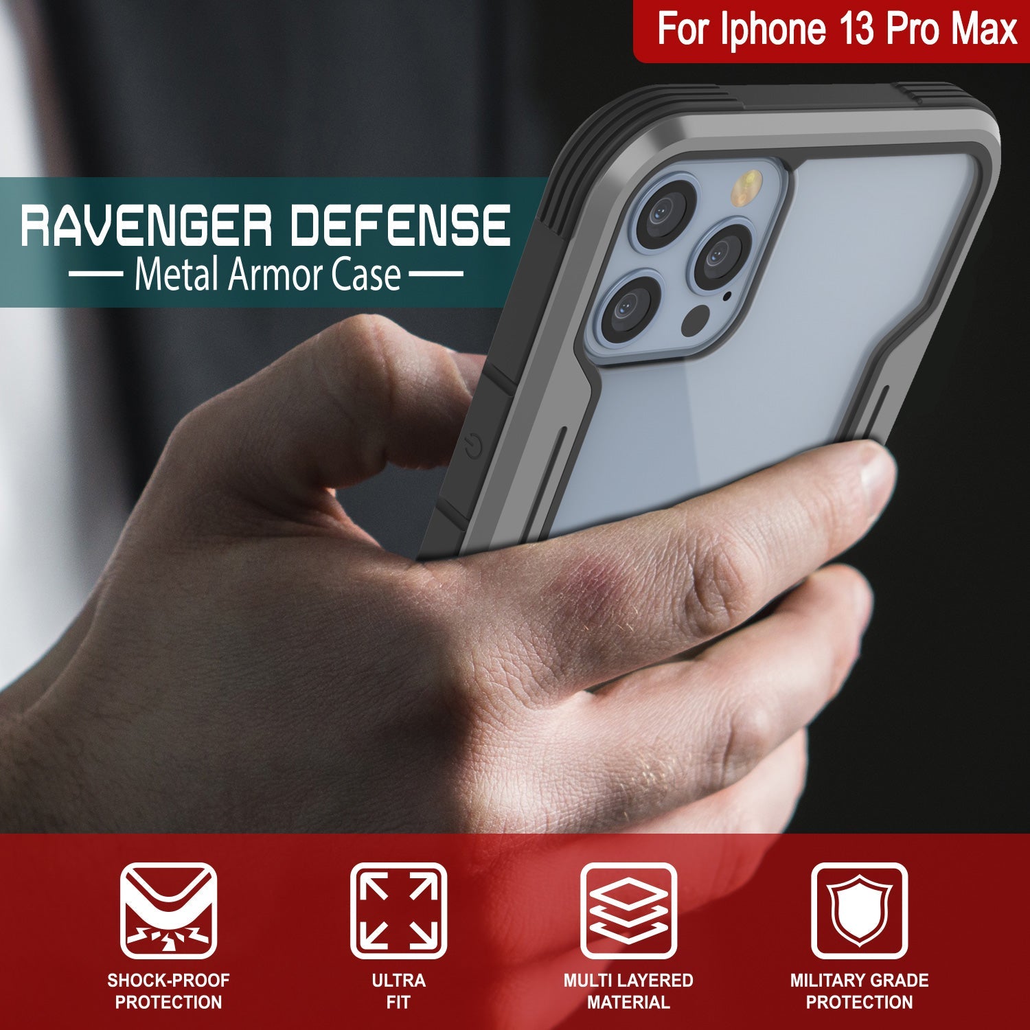 Punkcase iPhone 13 Pro Max ravenger Case Protective Military Grade Multilayer Cover [Grey-Black]