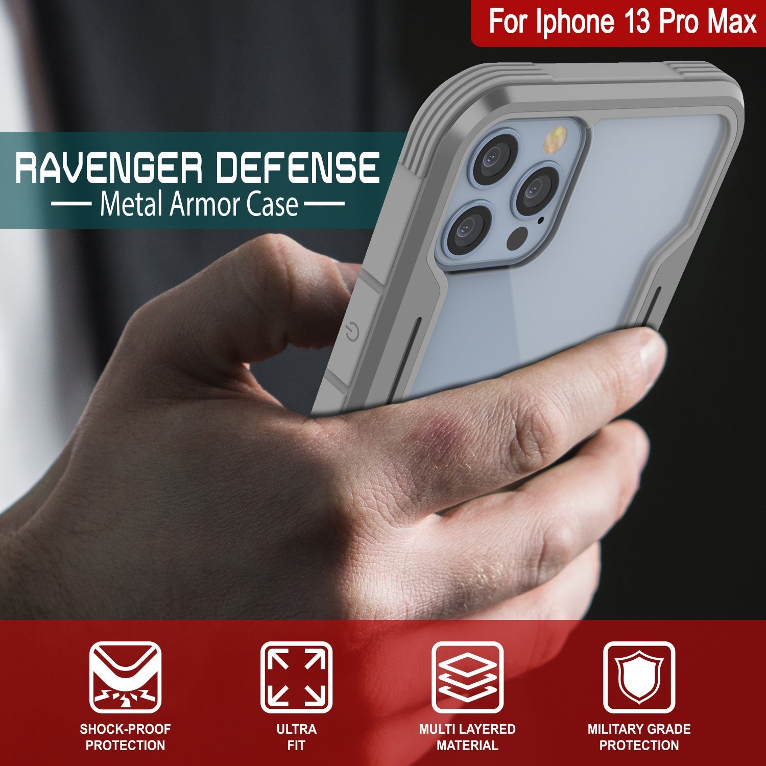 Punkcase iPhone 13 Pro Max ravenger Case Protective Military Grade Multilayer Cover [Grey]