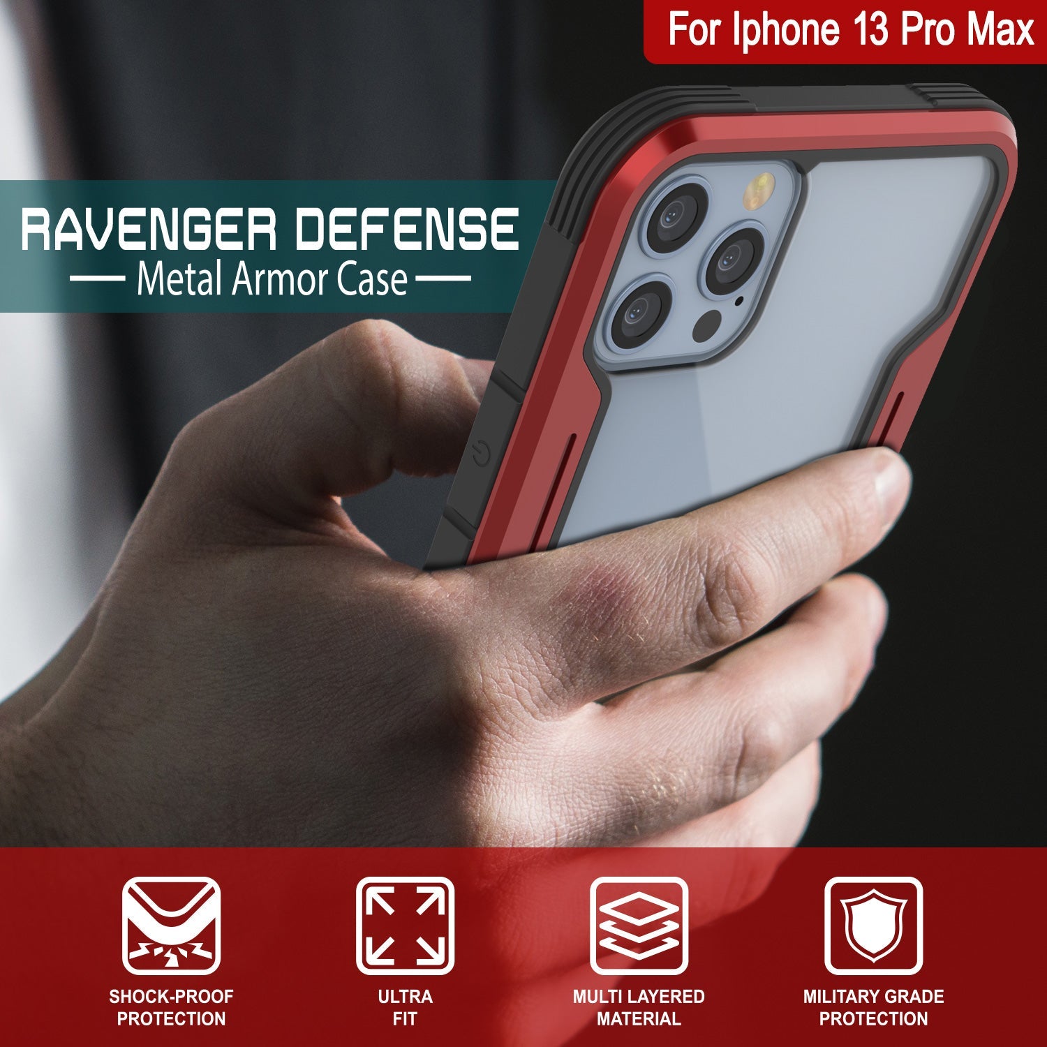 Punkcase iPhone 13 Pro Max ravenger Case Protective Military Grade Multilayer Cover [Red]