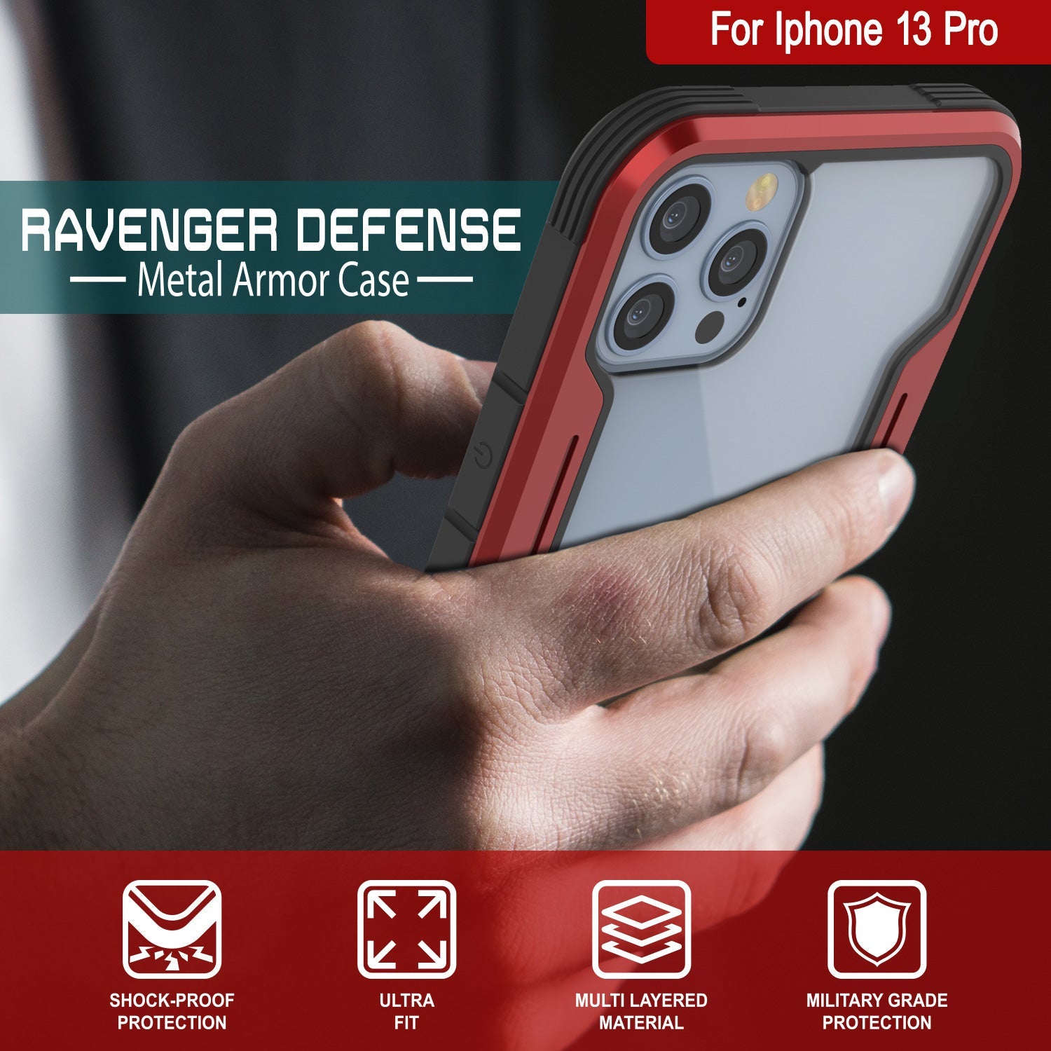 Punkcase iPhone 13 Pro ravenger Case Protective Military Grade Multilayer Cover [Red]