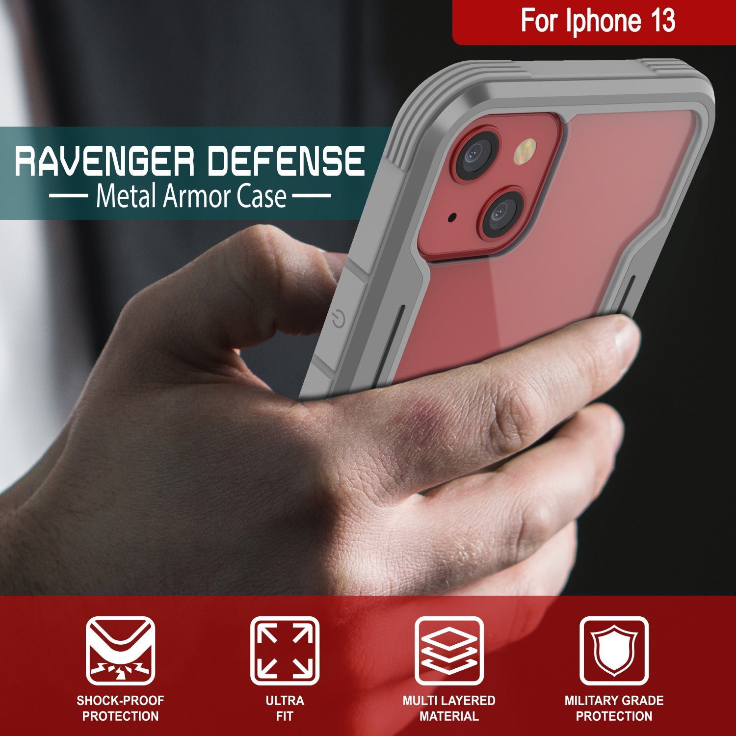 Punkcase iPhone 13 ravenger Case Protective Military Grade Multilayer Cover [Grey]
