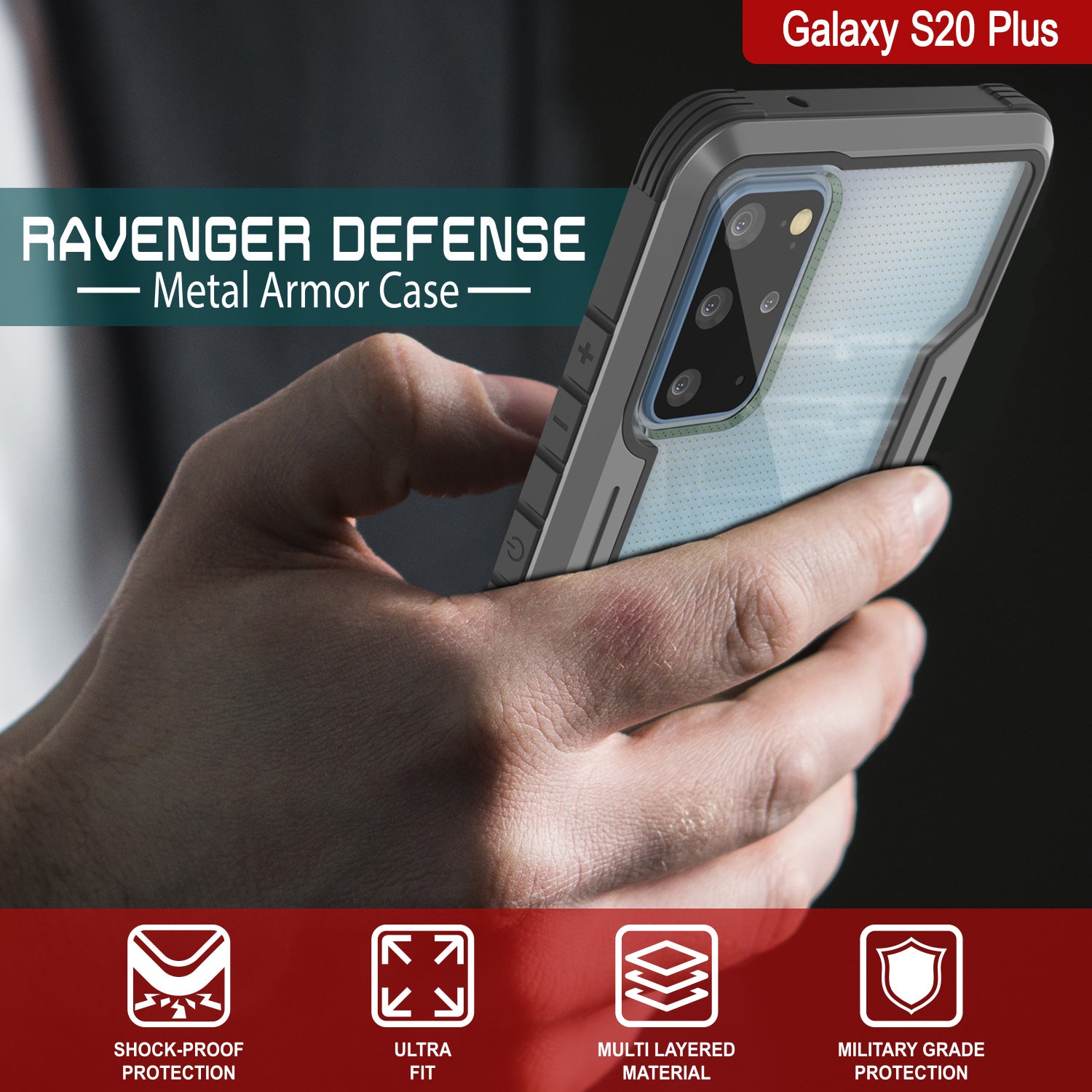 Punkcase S20+ Plus ravenger Case Protective Military Grade Multilayer Cover [Grey-Black]
