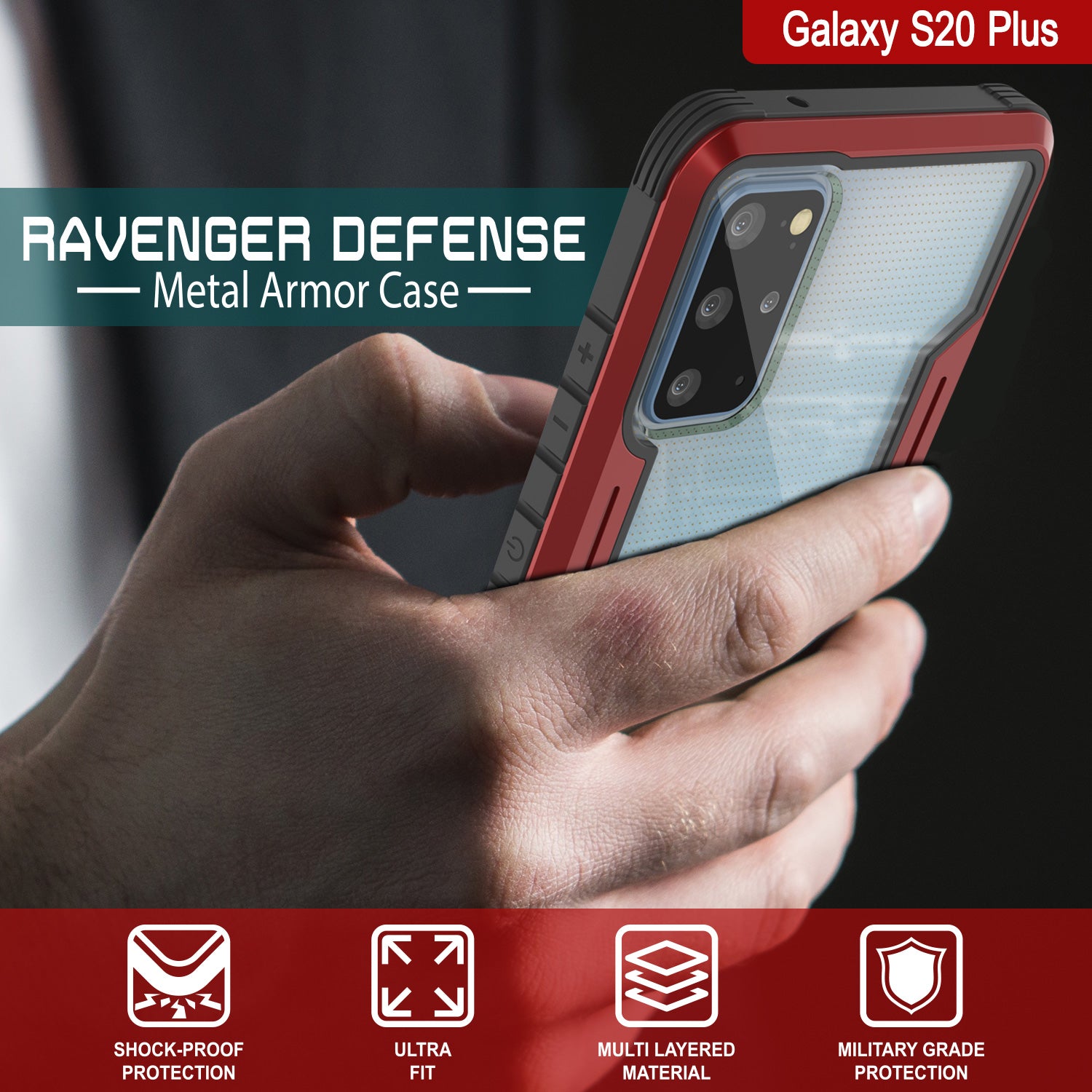 Punkcase S20+ Plus ravenger Case Protective Military Grade Multilayer Cover [Red]