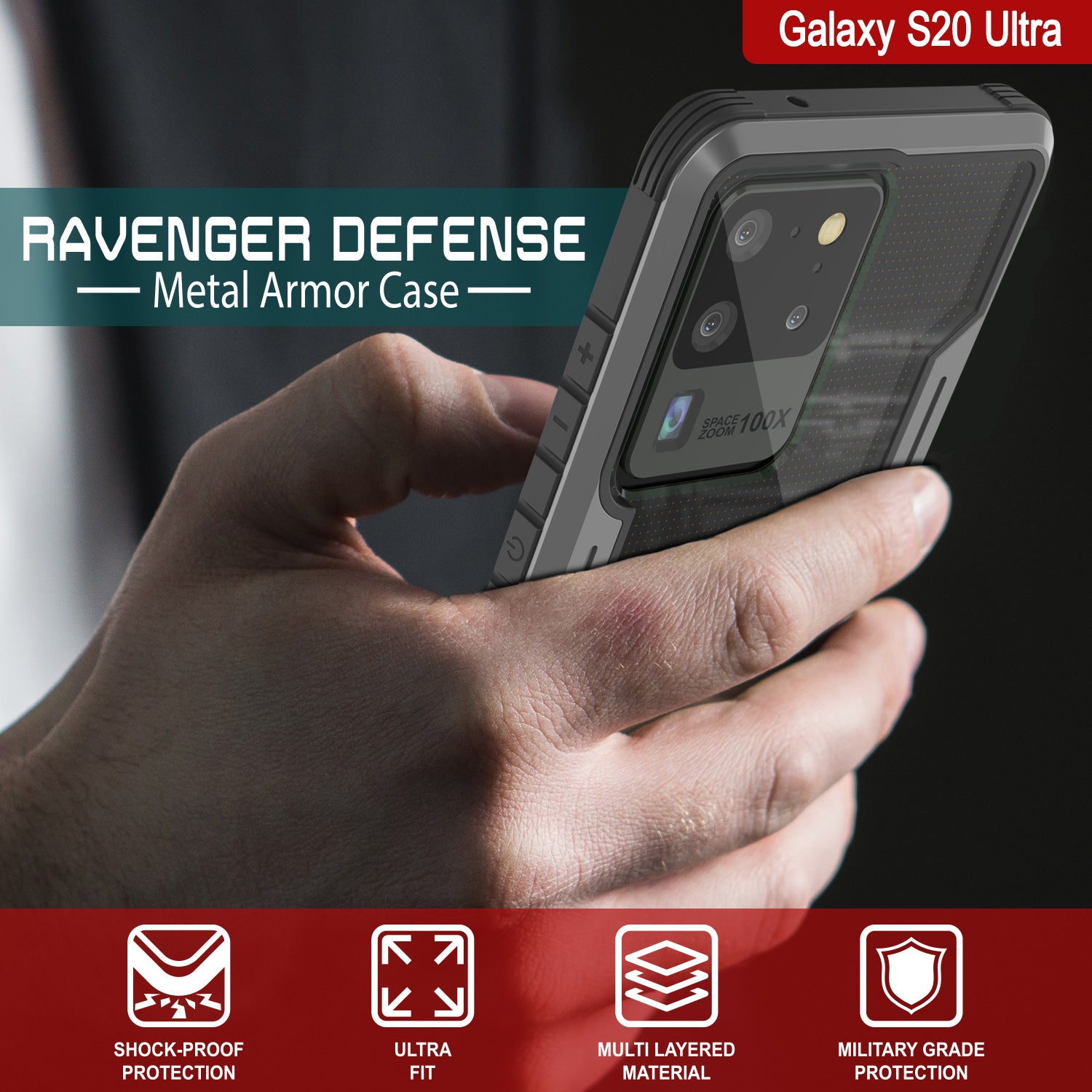 Punkcase S20 Ultra ravenger Case Protective Military Grade Multilayer Cover [Grey-Black]