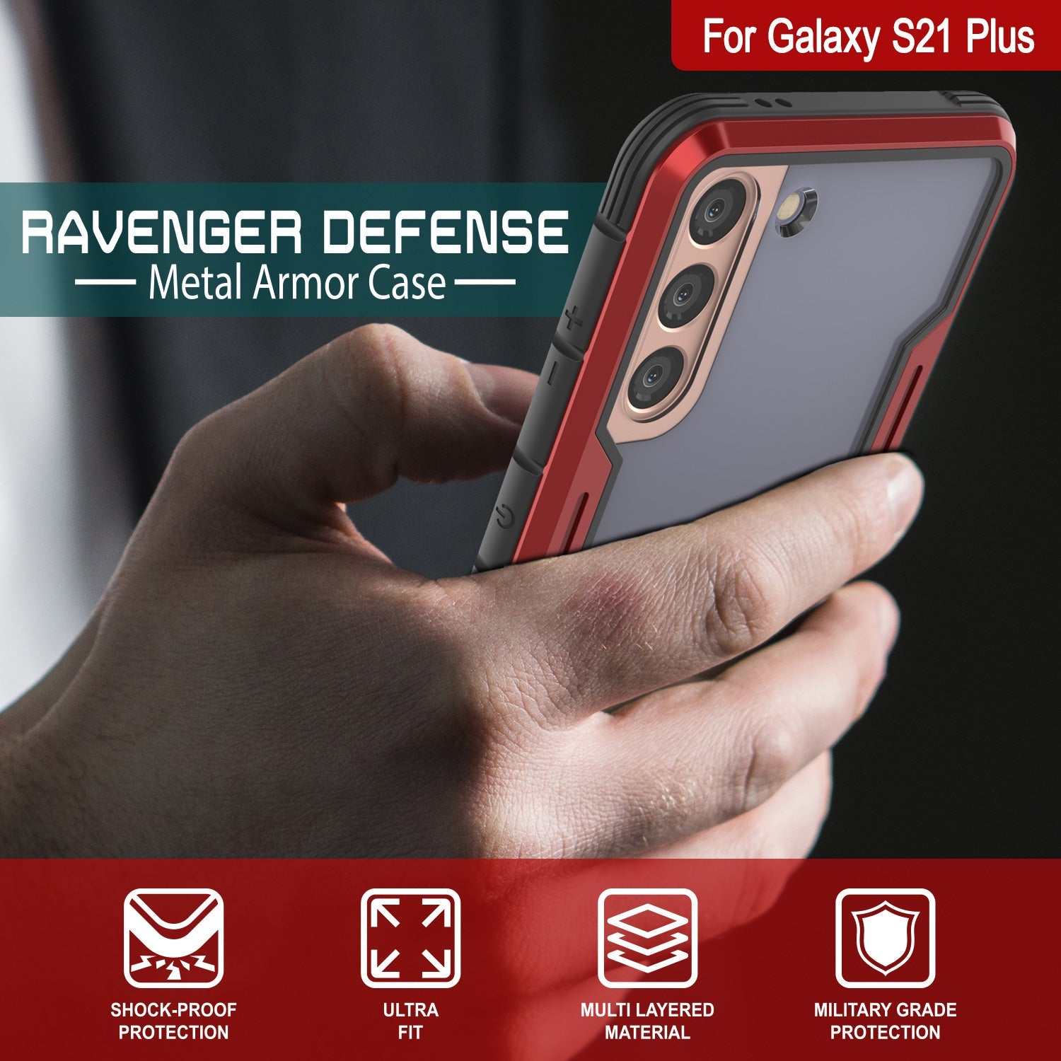 Punkcase S21+ Plus ravenger Case Protective Military Grade Multilayer Cover [Red]