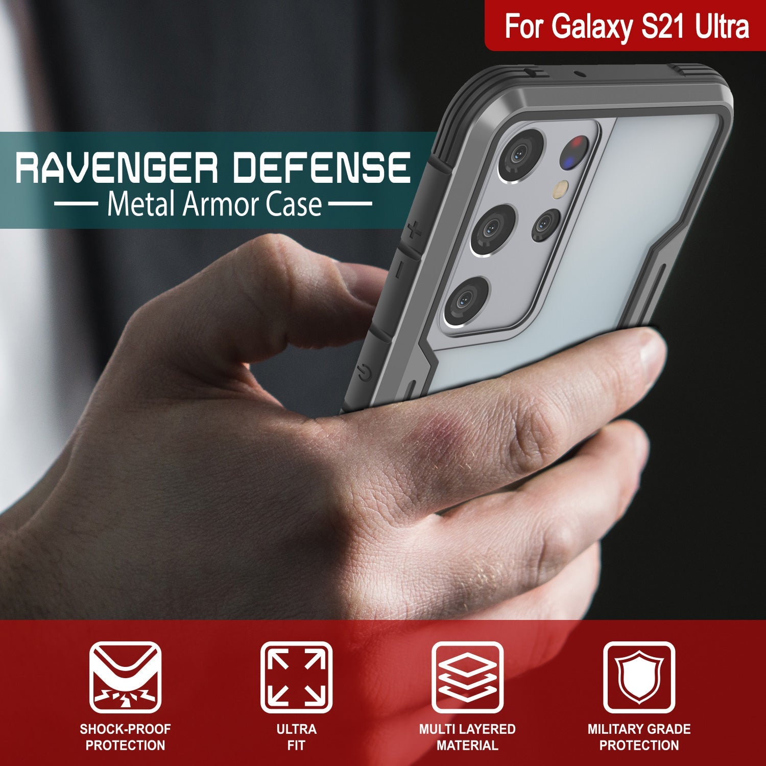 Punkcase S21 Ultra ravenger Case Protective Military Grade Multilayer Cover [Grey-Black]