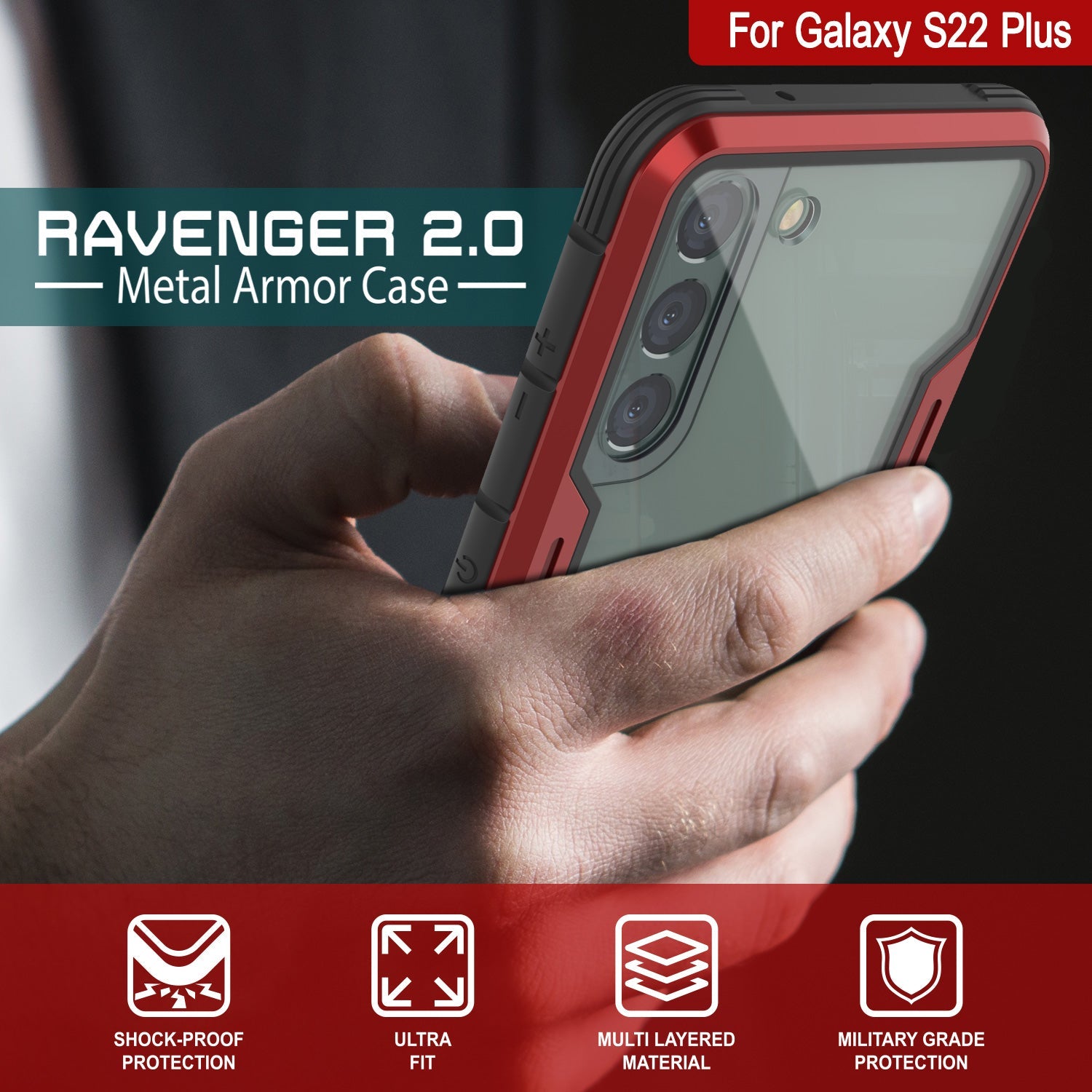 Punkcase S22+ Plus ravenger Case Protective Military Grade Multilayer Cover [Red]