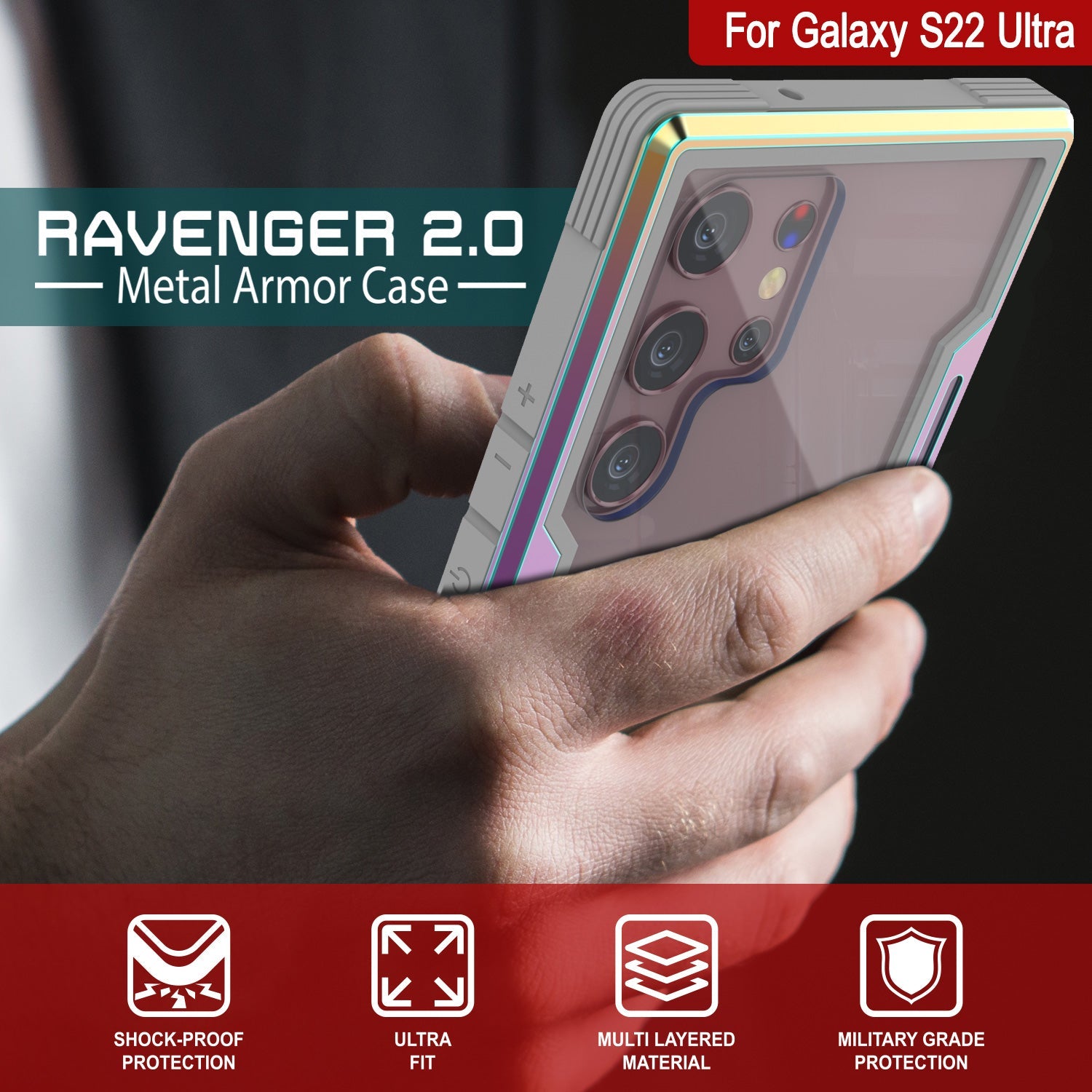 Punkcase S22 Ultra ravenger Case Protective Military Grade Multilayer Cover [Rainbow]