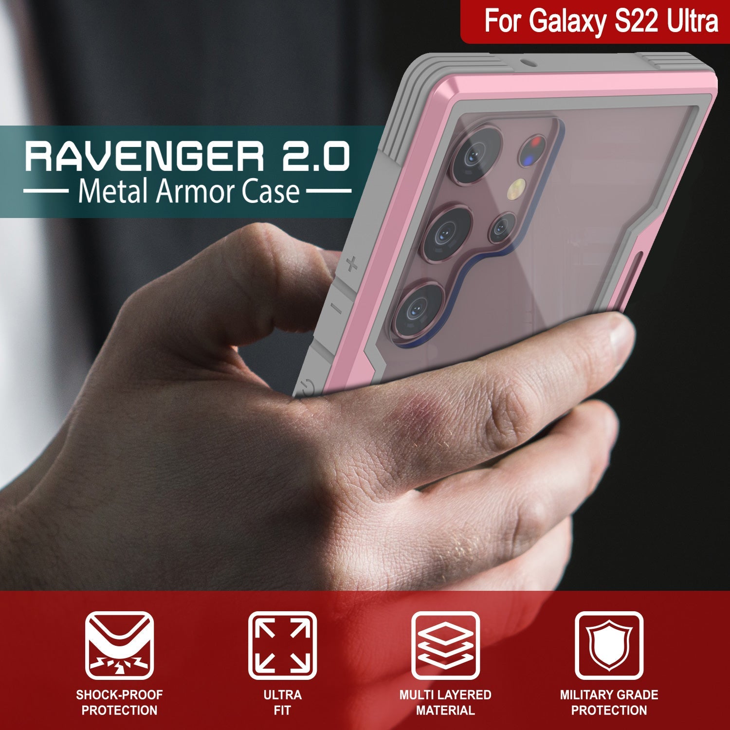 Punkcase S22 Ultra ravenger Case Protective Military Grade Multilayer Cover [Rose-Gold]