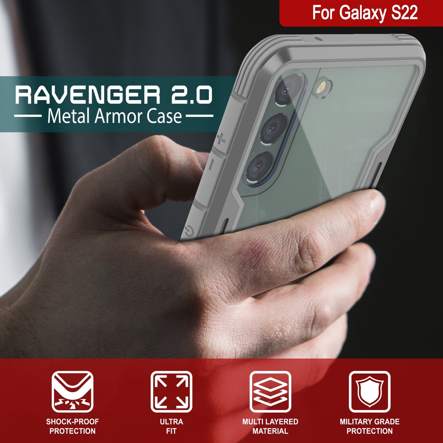 Punkcase S22 ravenger Case Protective Military Grade Multilayer Cover [Grey]