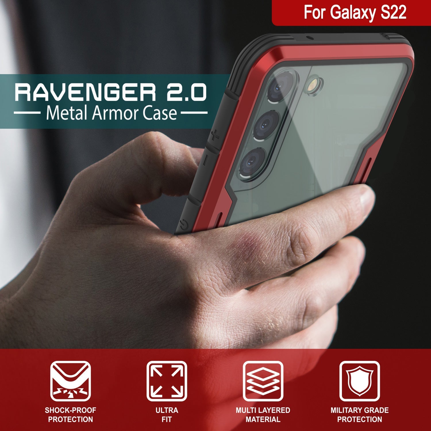 Punkcase S22 ravenger Case Protective Military Grade Multilayer Cover [Red]