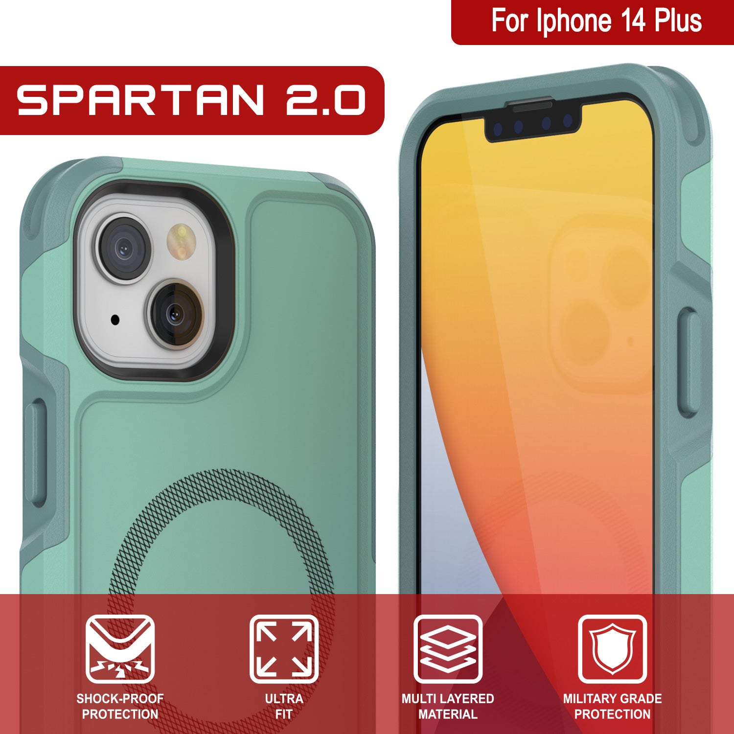 PunkCase iPhone 14 Plus Case, [Spartan 2.0 Series] Clear Rugged Heavy Duty Cover W/Built in Screen Protector [Teal]