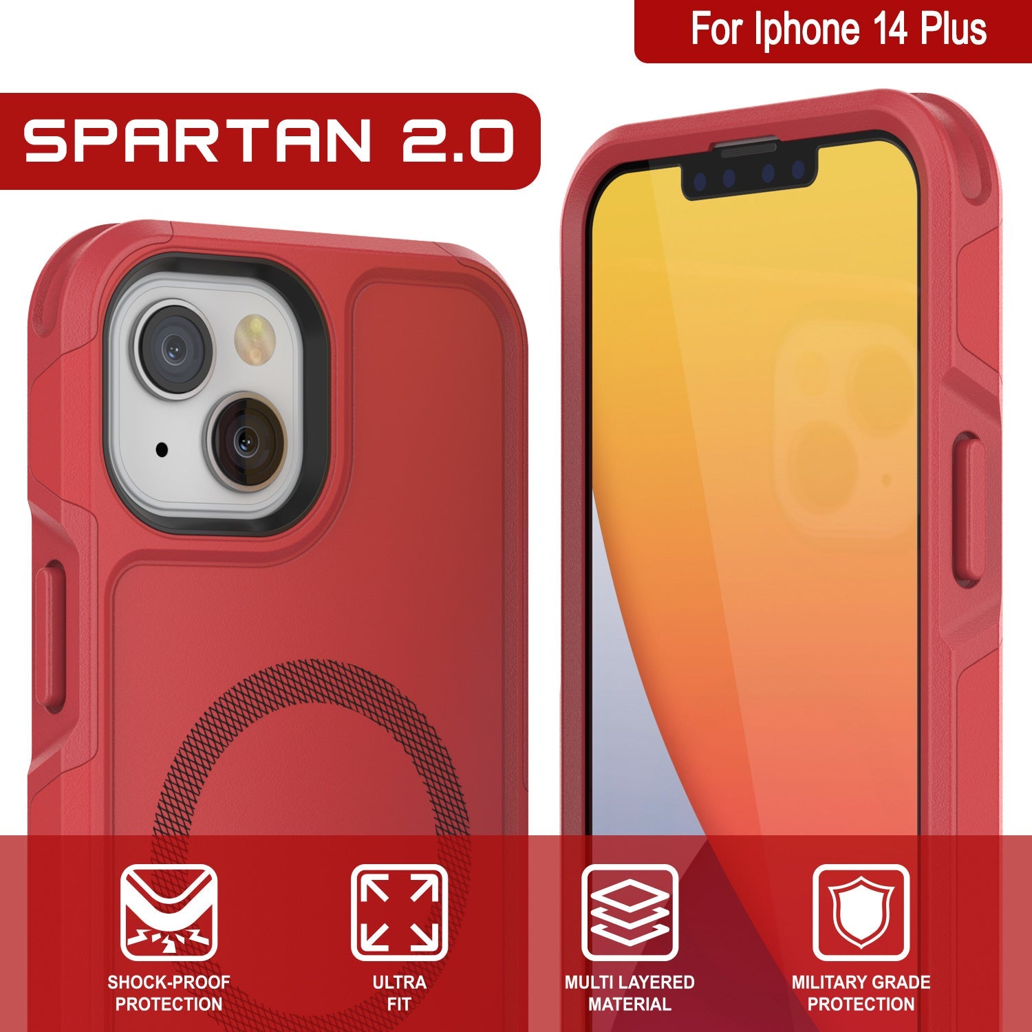 PunkCase iPhone 14 Plus Case, [Spartan 2.0 Series] Clear Rugged Heavy Duty Cover W/Built in Screen Protector [Red]