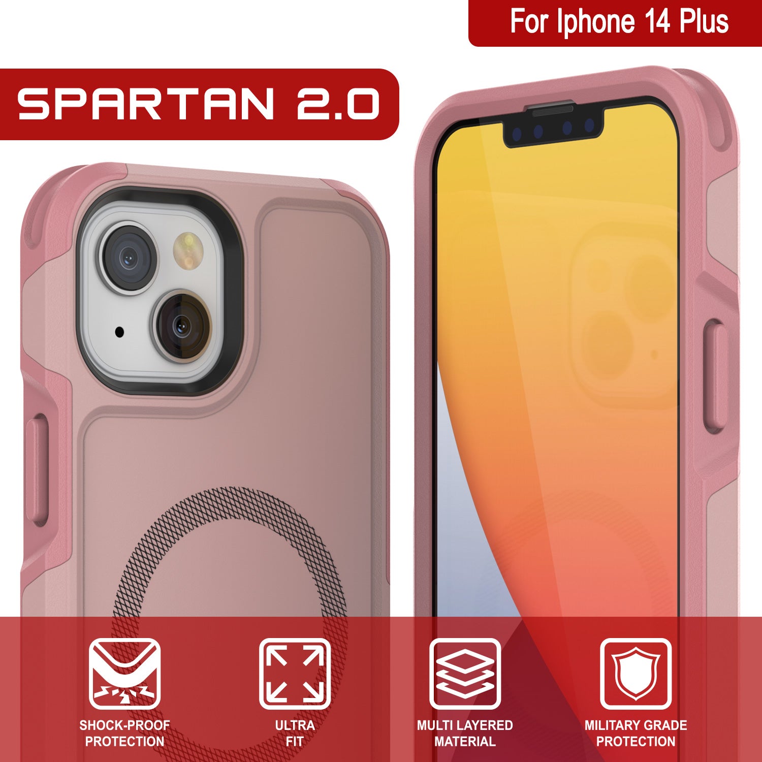 PunkCase iPhone 14 Plus Case, [Spartan 2.0 Series] Clear Rugged Heavy Duty Cover W/Built in Screen Protector [Pink]