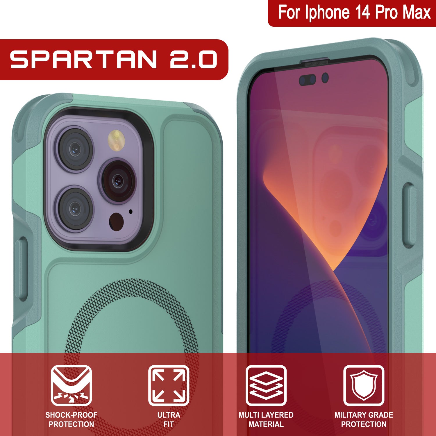 PunkCase iPhone 14 Pro Max Case, [Spartan 2.0 Series] Clear Rugged Heavy Duty Cover W/Built in Screen Protector [Teal]