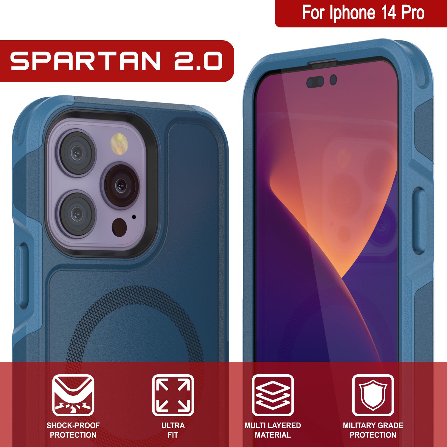 PunkCase iPhone 14 Pro Case, [Spartan 2.0 Series] Clear Rugged Heavy Duty Cover W/Built in Screen Protector [Navy]