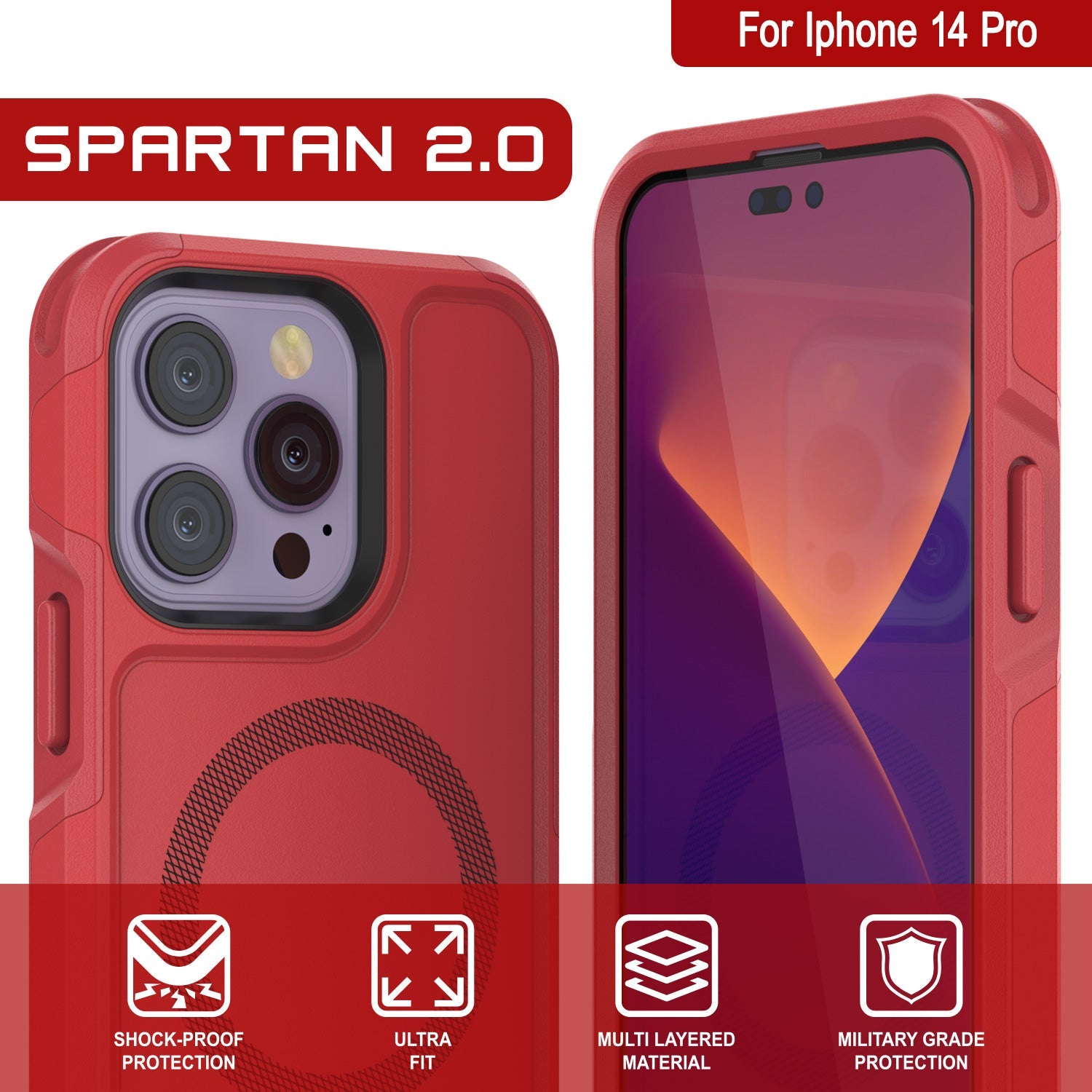PunkCase iPhone 14 Pro Case, [Spartan 2.0 Series] Clear Rugged Heavy Duty Cover W/Built in Screen Protector [Red]