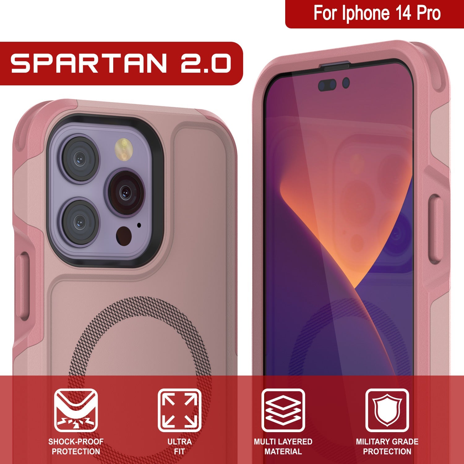 PunkCase iPhone 14 Pro Case, [Spartan 2.0 Series] Clear Rugged Heavy Duty Cover W/Built in Screen Protector [Pink]