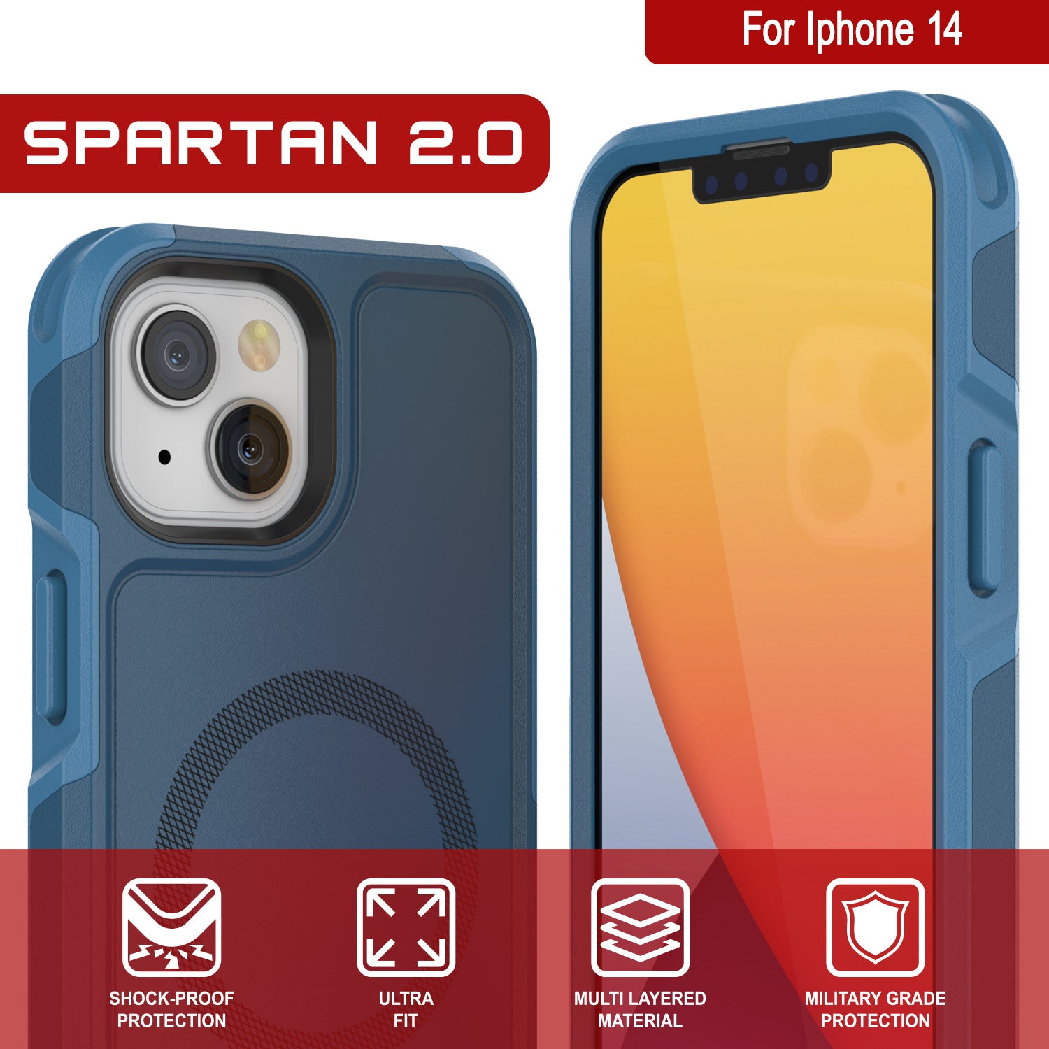 PunkCase iPhone 14 Case, [Spartan 2.0 Series] Clear Rugged Heavy Duty Cover W/Built in Screen Protector [Navy]