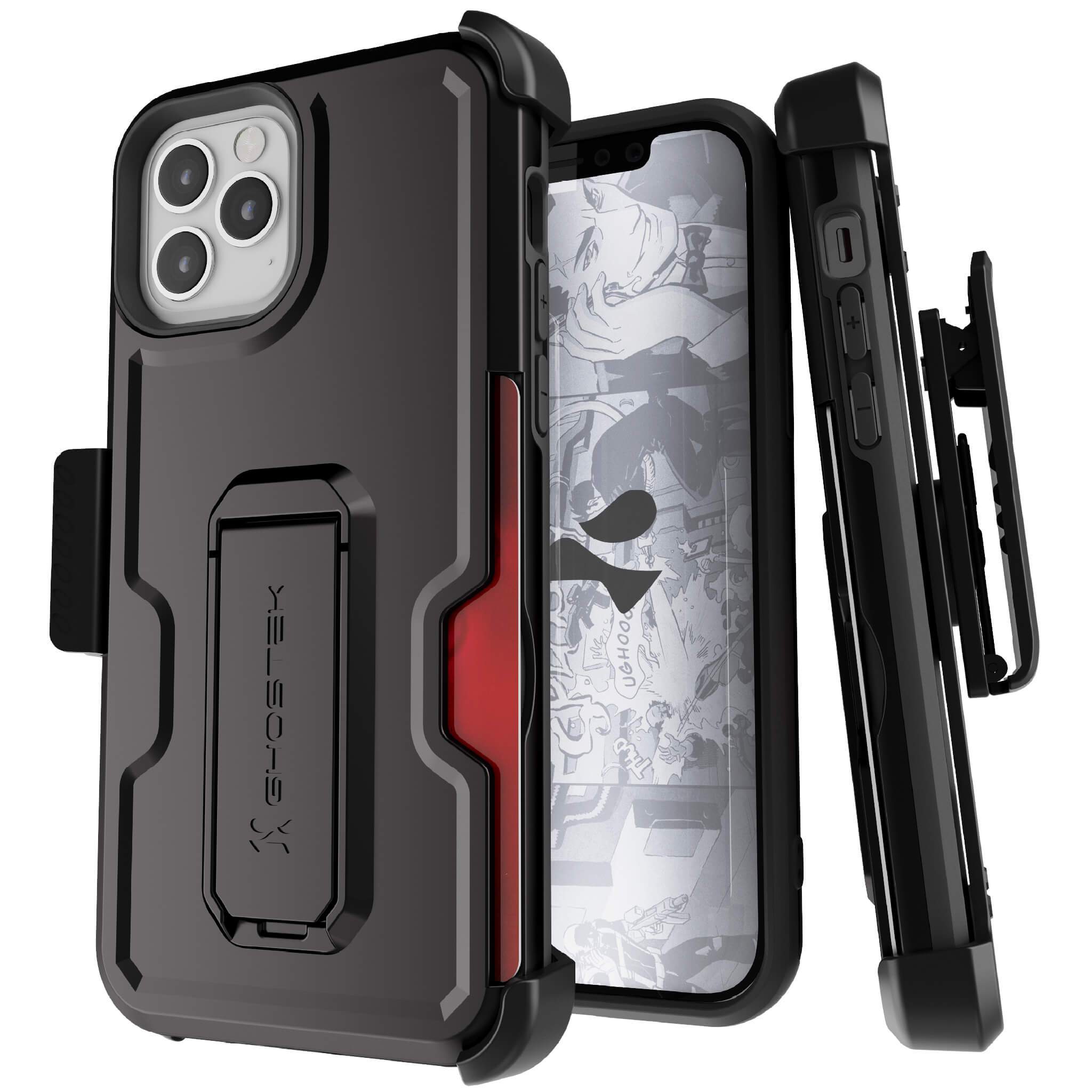 iPhone 12 Pro  - IRON ARMOR Belt Clip Holster Case with Stand and Card Holder [Matte Black]